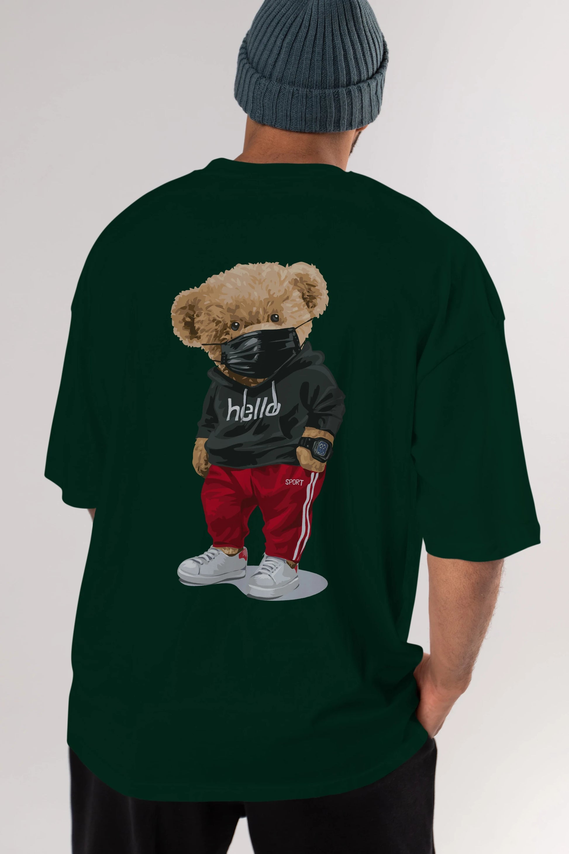 Teddy Bear Hello Sport Arka Baskılı Oversize t-shirt Erkek Kadın Unisex %100 Pamuk