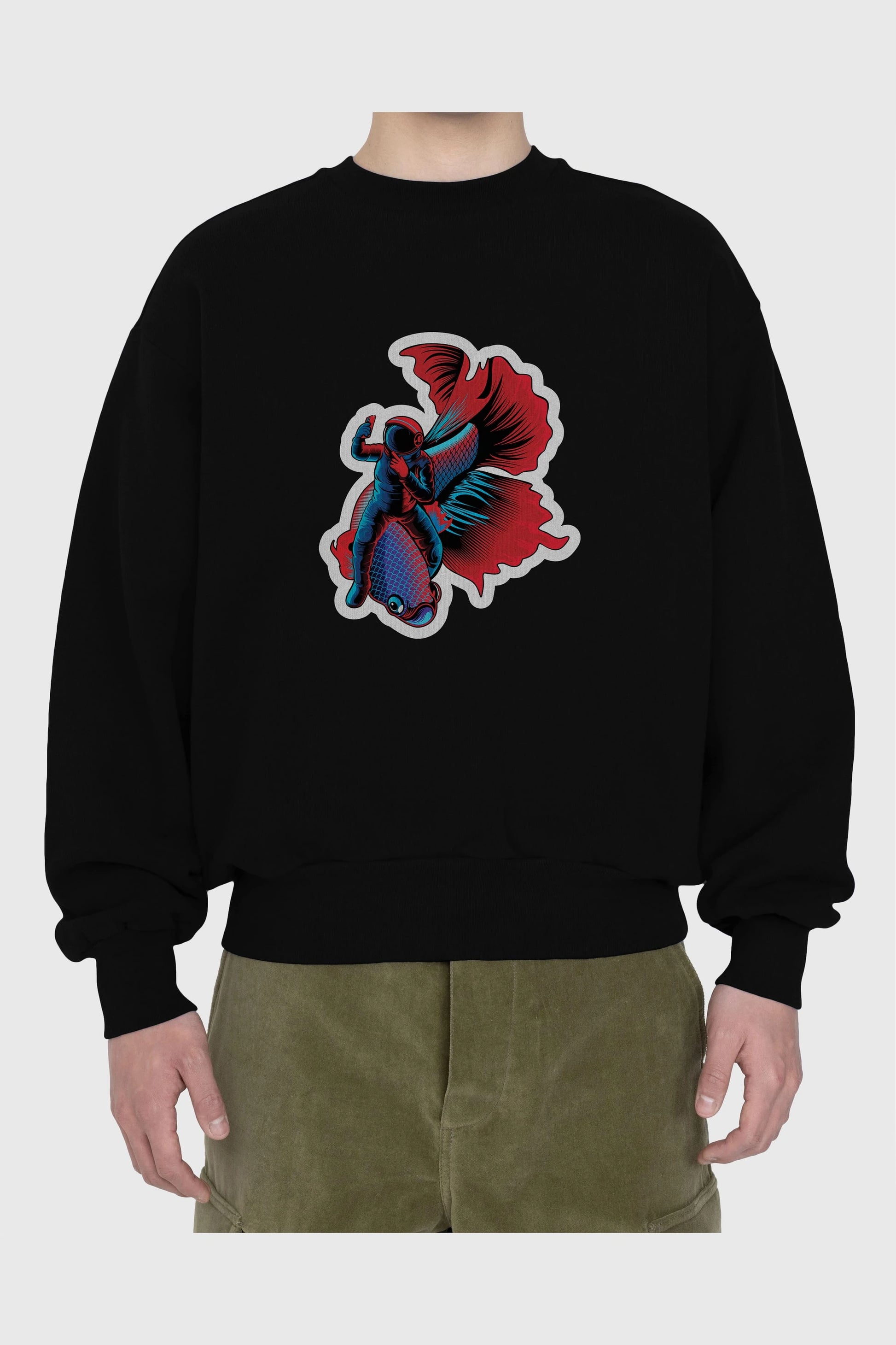 Astrofish selfie sticker Ön Baskılı Oversize Sweatshirt Erkek Kadın Unisex