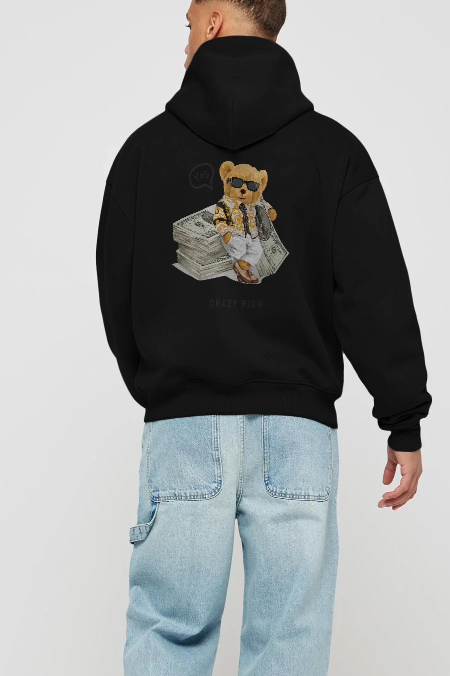 Teddy Bear Crazy Rich Arka Baskılı Hoodie Oversize Kapüşonlu Sweatshirt Erkek Kadın Unisex