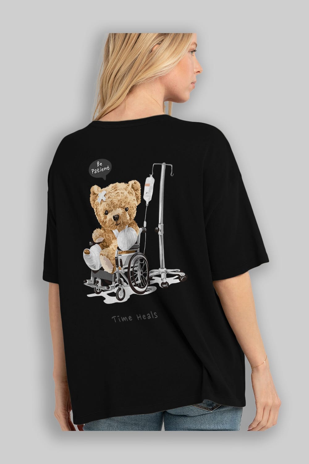 Teddy Bear Time Heals Arka Baskılı Oversize t-shirt Erkek Kadın Unisex %100 Pamuk