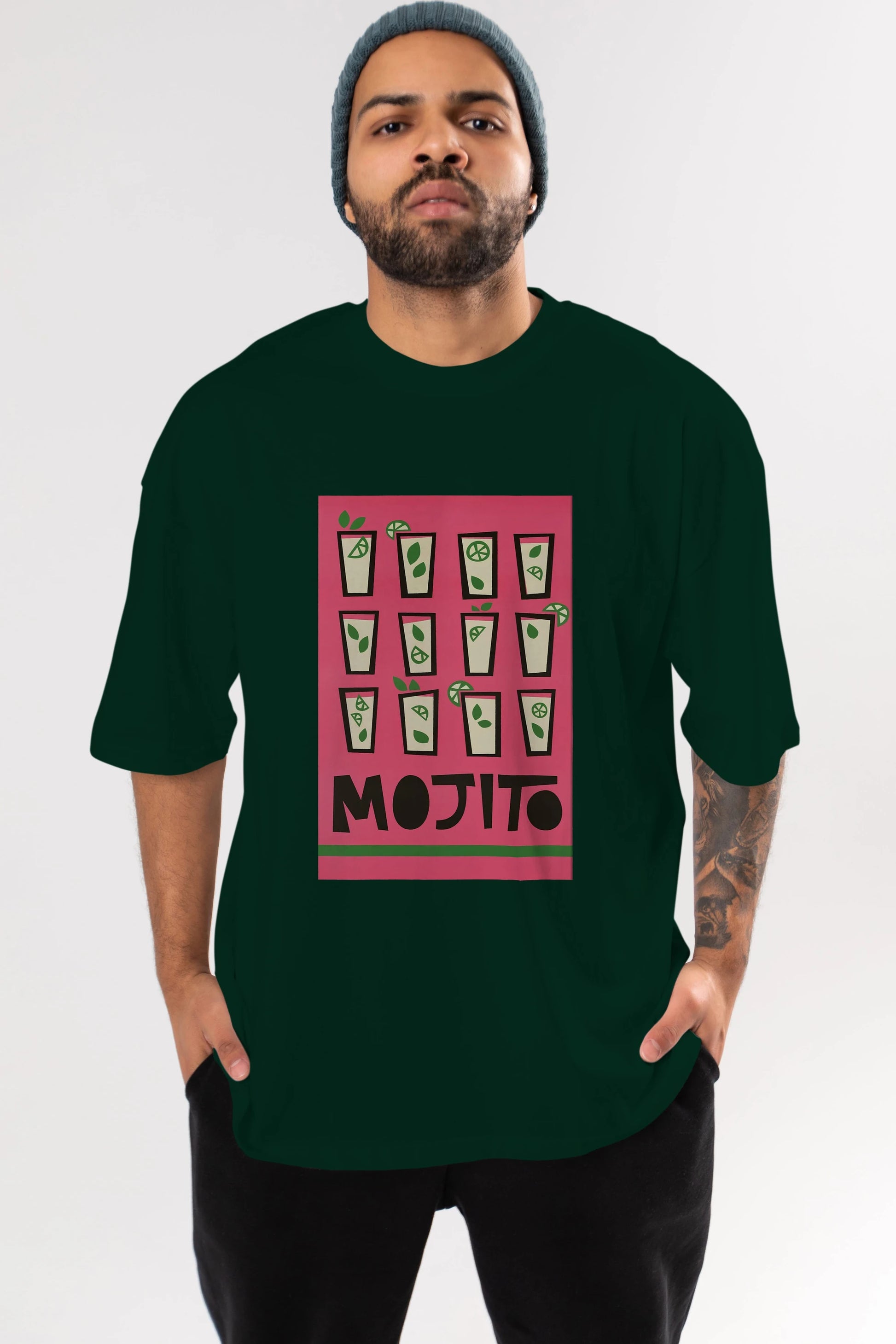 Mojito Ön Baskılı Oversize t-shirt Erkek Kadın Unisex %100 Pamuk Bisiklet Yaka tişort