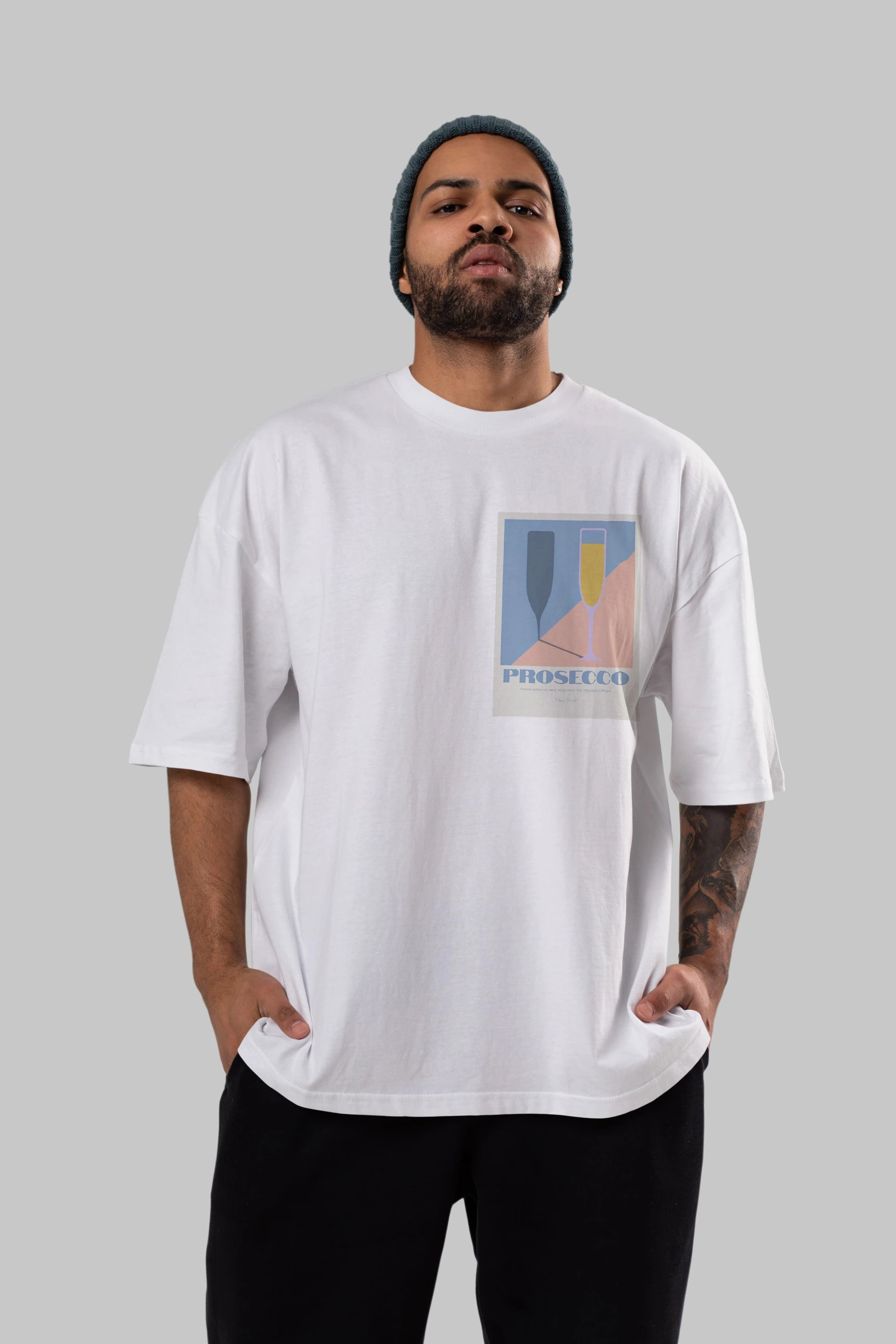 Prosecco Ön Sol Baskılı Oversize t-shirt Erkek Kadın Unisex %100 Pamuk Bisiklet Yaka tişort