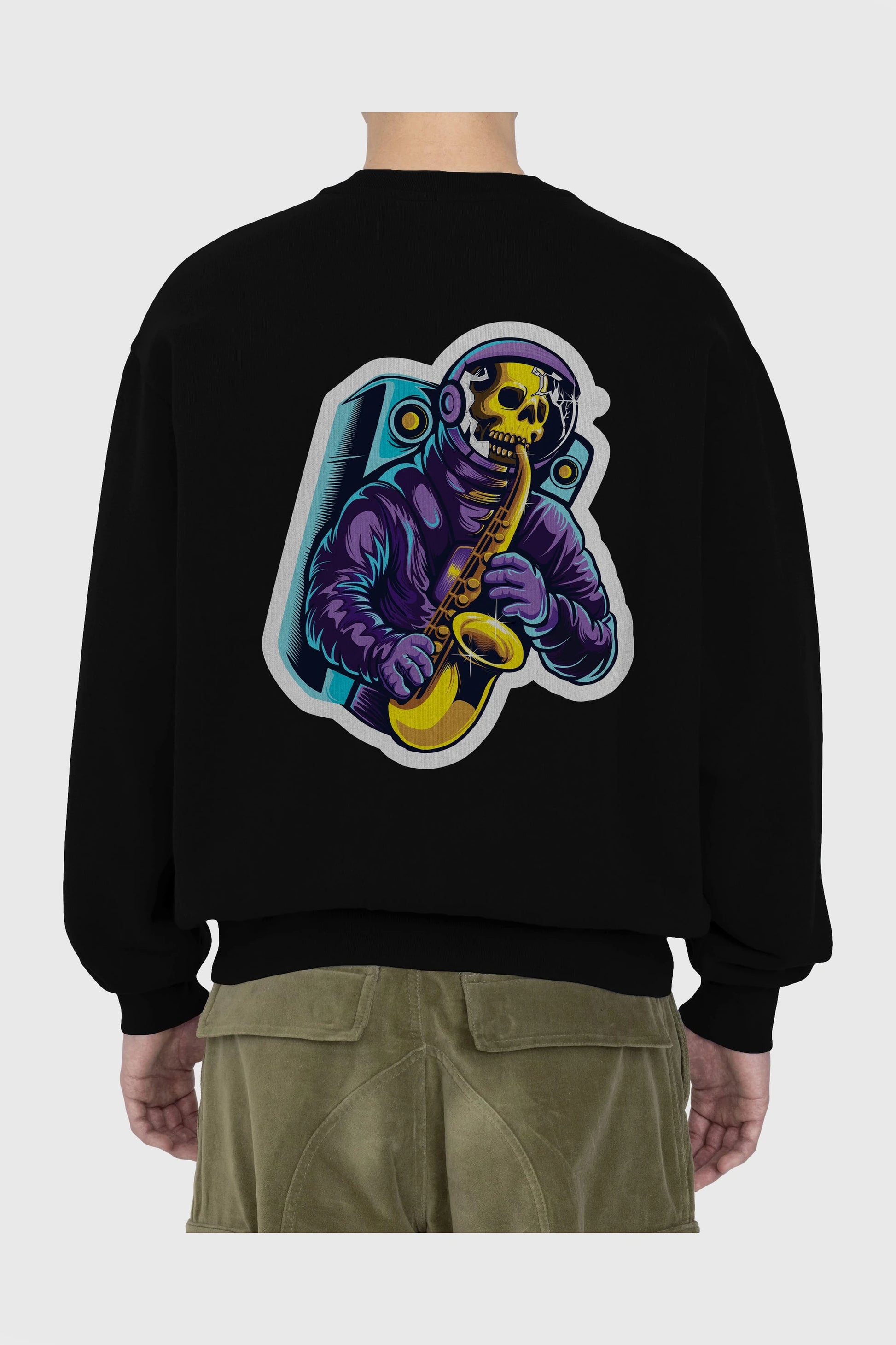 Astroskull Saxophonist Sticker Arka Baskılı Oversize Sweatshirt Erkek Kadın Unisex
