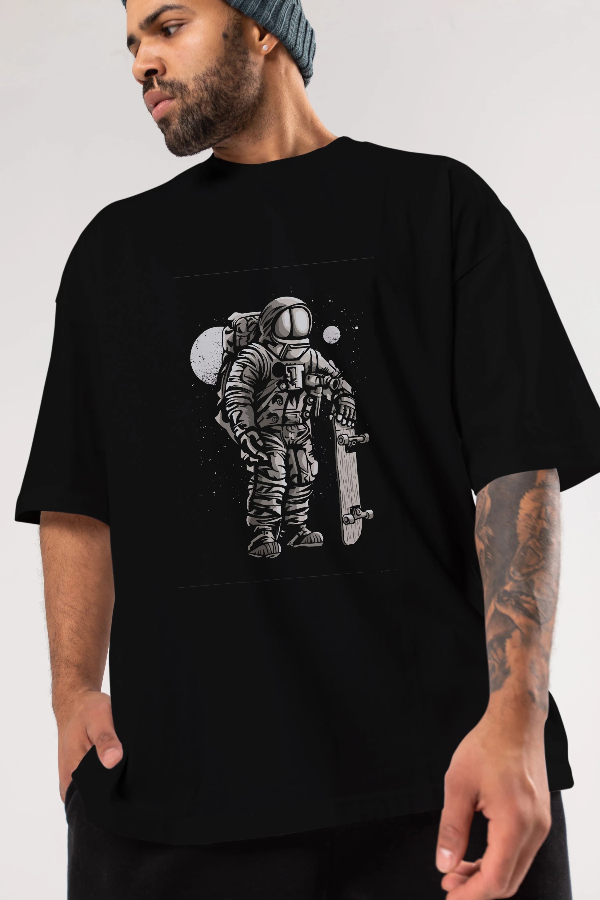 Astronaut Skater Ön Baskılı Oversize t-shirt Erkek Kadın Unisex %100 Pamuk tişort