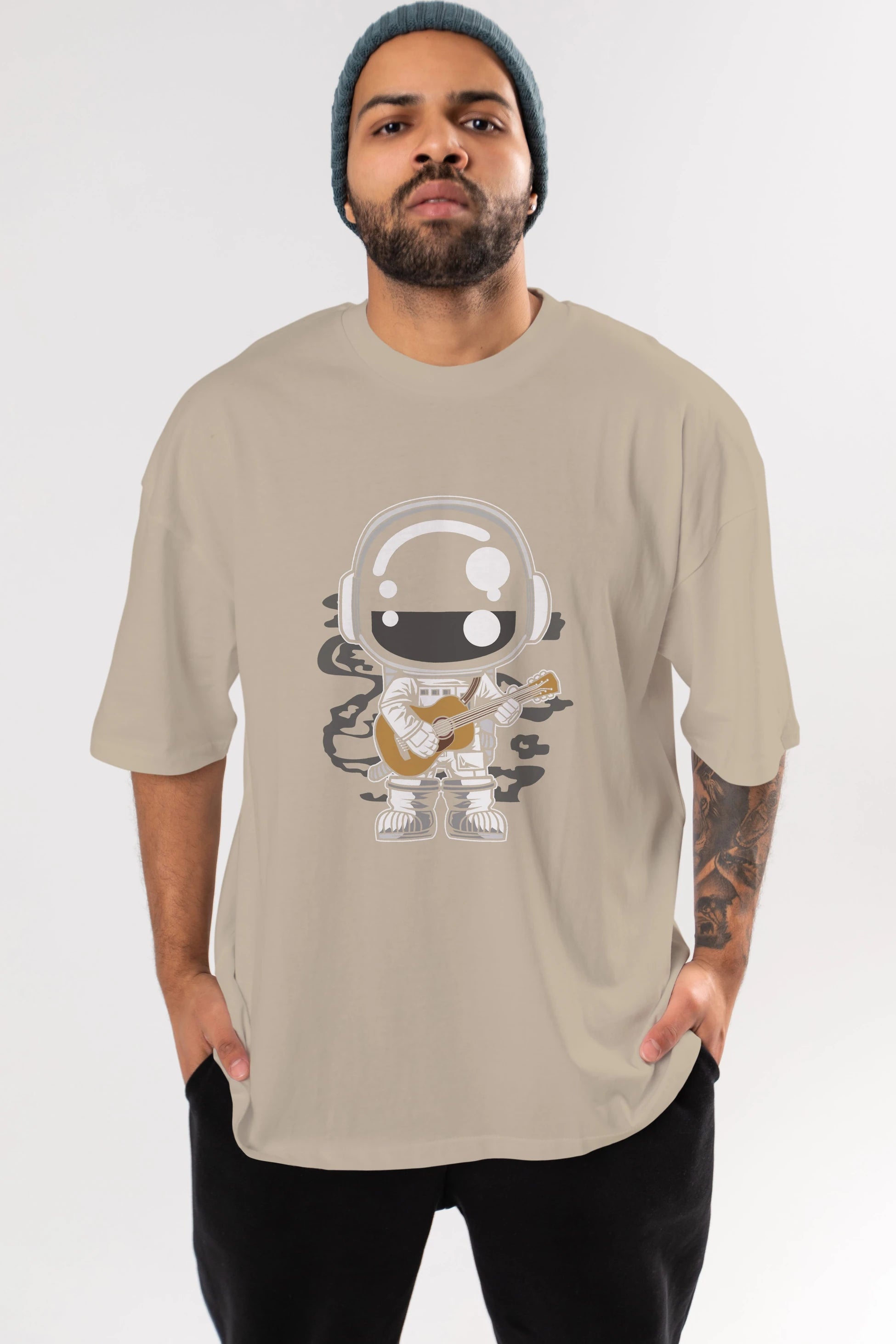Astronaut Acoustic Guitar Ön Baskılı Oversize t-shirt Erkek Kadın Unisex