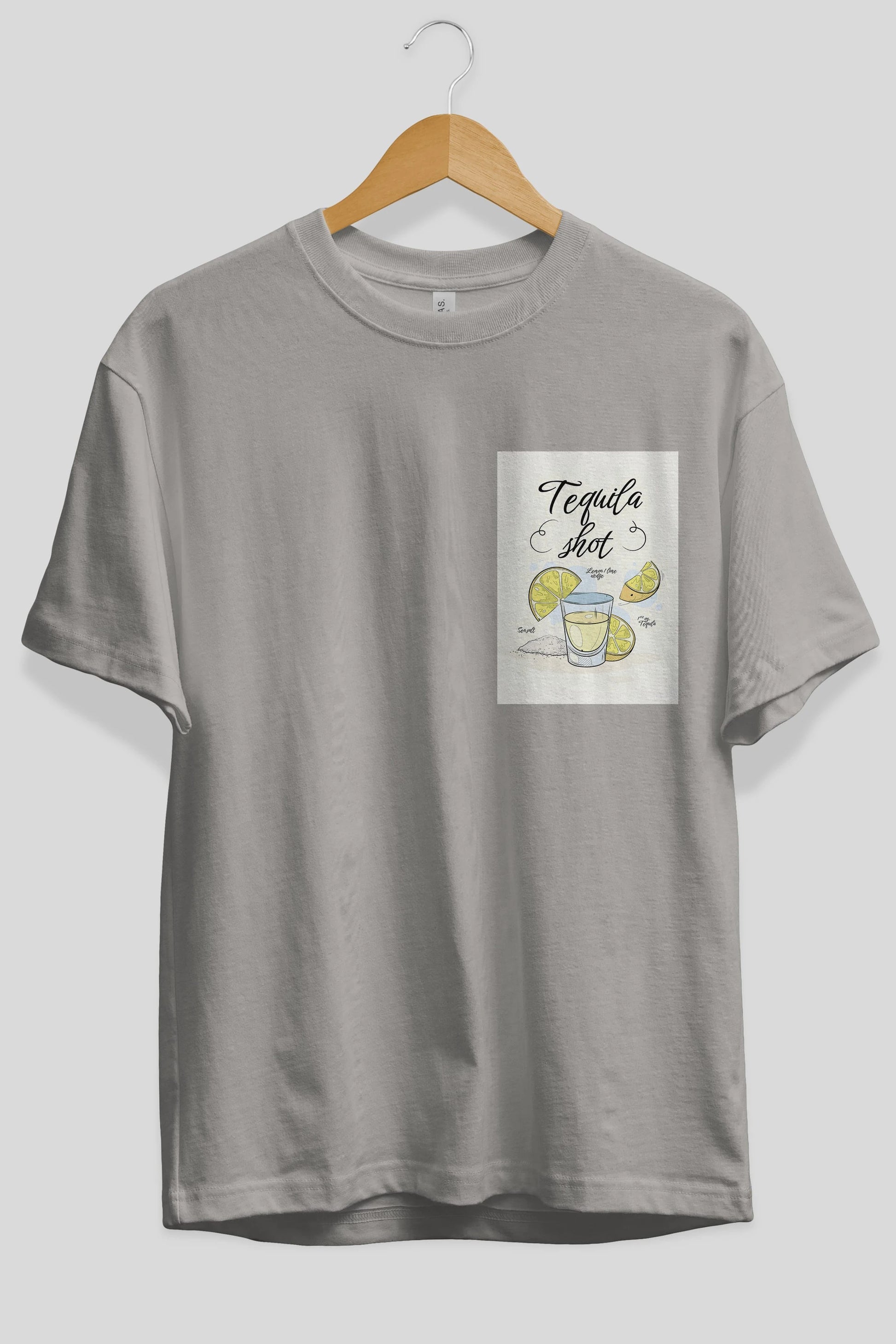 Tequila Shot Ön Sol Baskılı Oversize t-shirt Erkek Kadın Unisex %100 Pamuk Bisiklet Yaka tişort