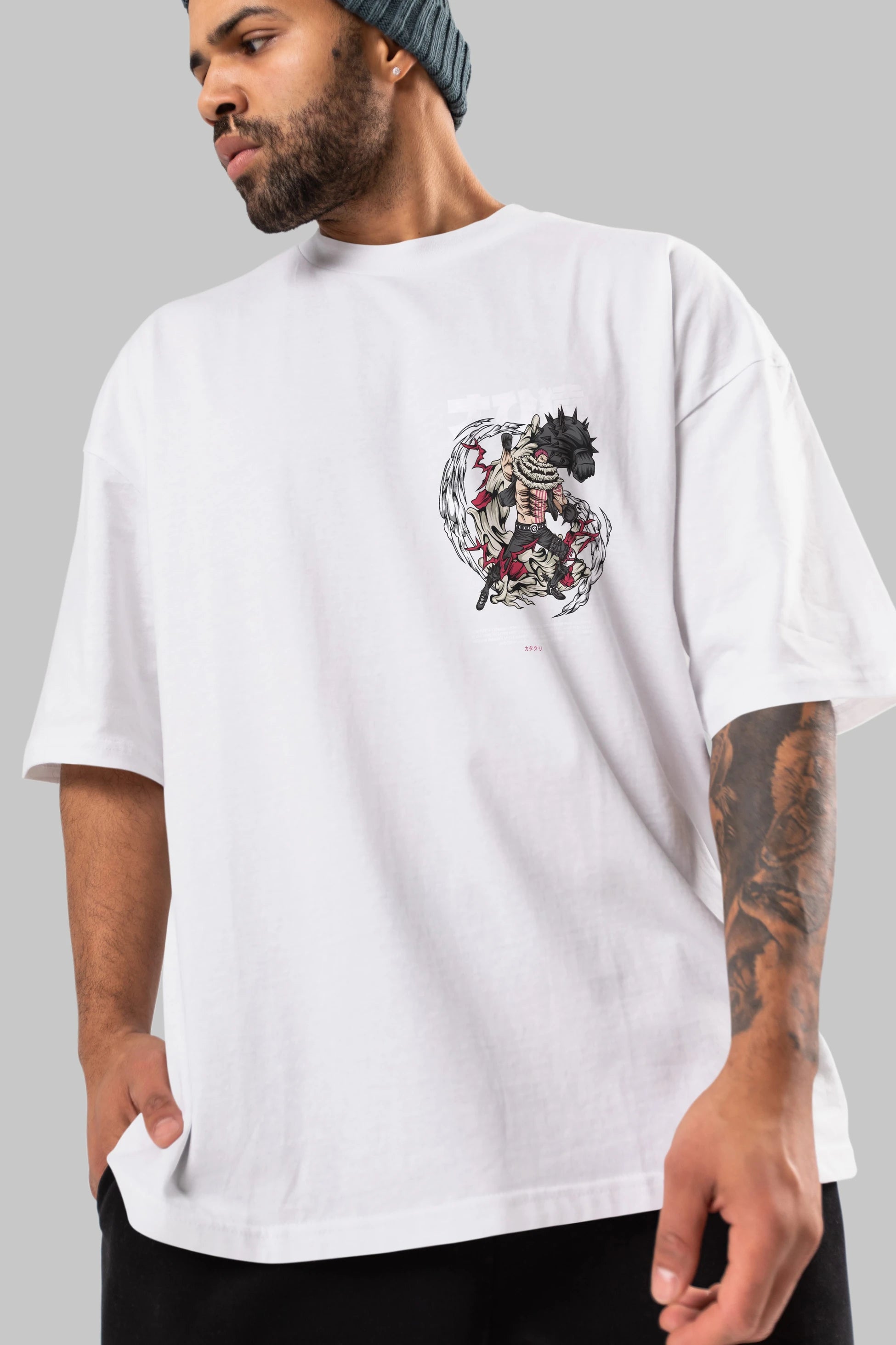 Katakuri Ön Sol Baskılı Oversize t-shirt Erkek Kadın Unisex %100 Pamuk Bisiklet Yaka tişort