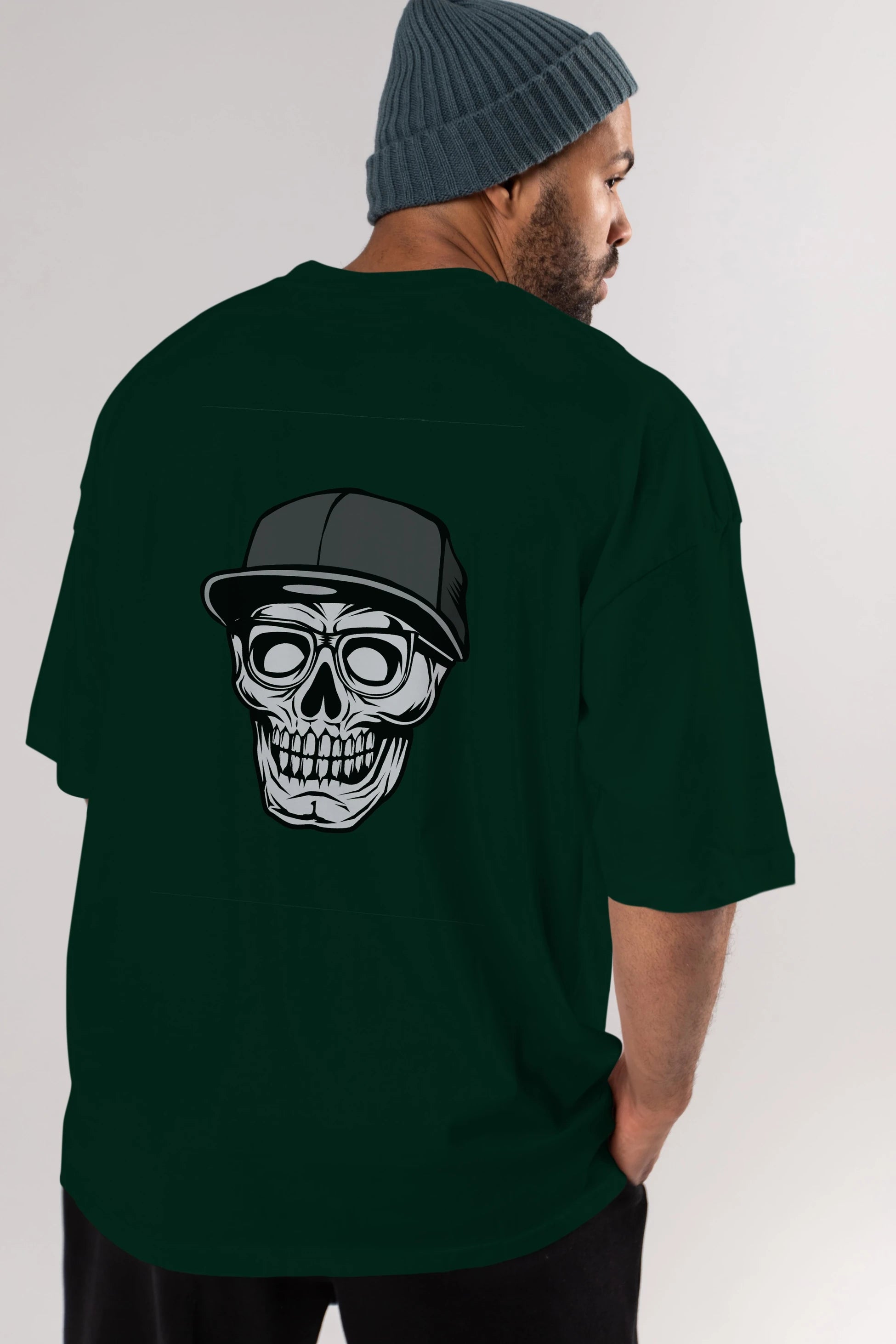 Skull With Hat Arka Baskılı Oversize t-shirt Erkek Kadın Unisex %100 Pamuk tişort