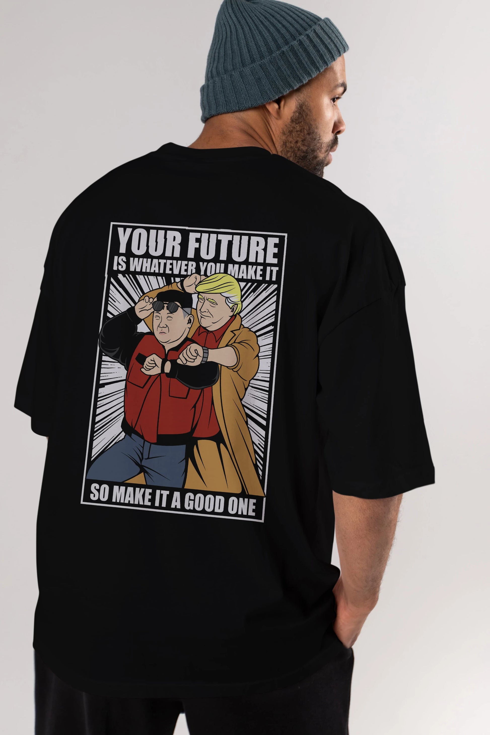 Back To The Future Jong Un Trump Arka Baskılı Oversize t-shirt Erkek Kadın Unisex %100 Pamuk tişort