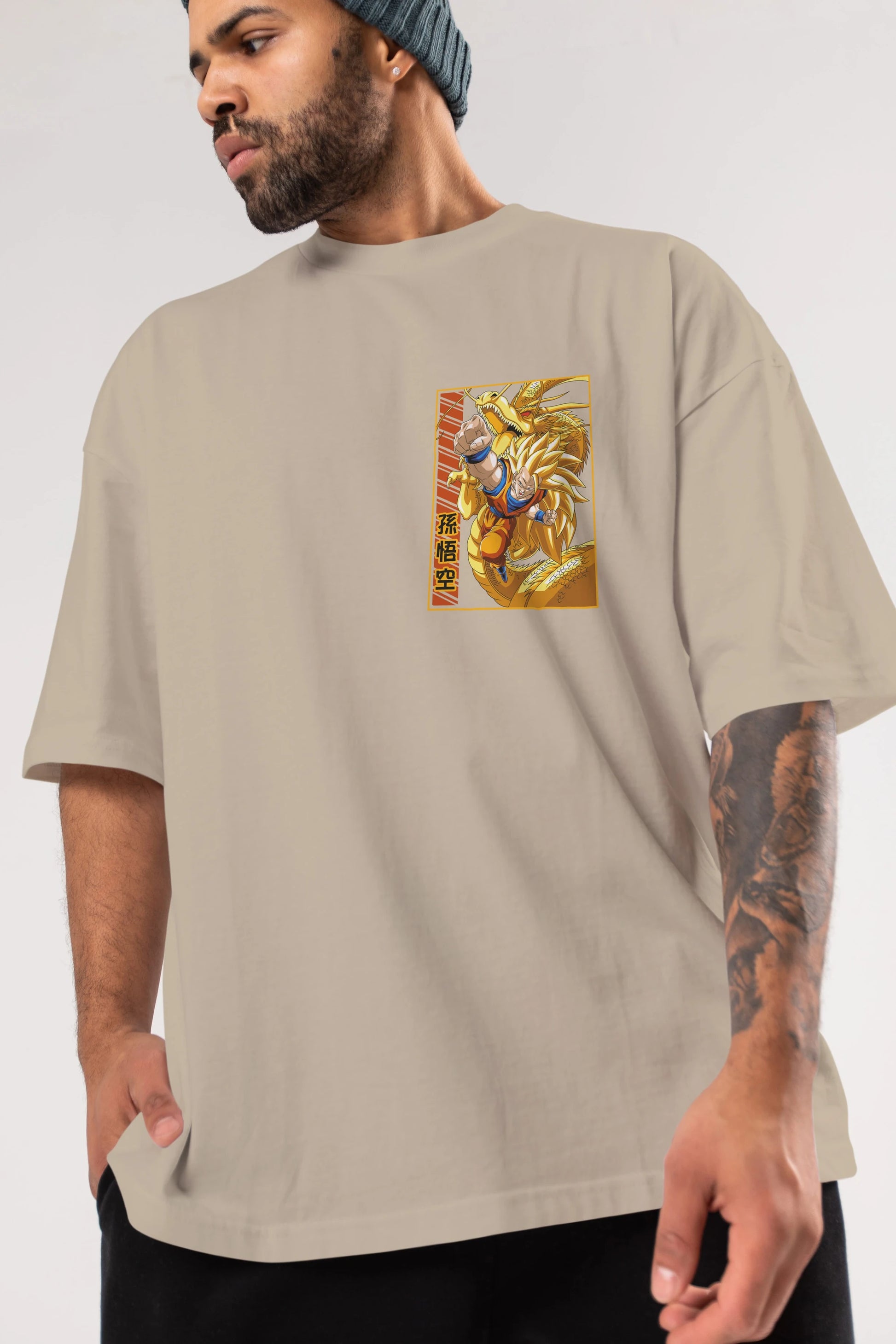 DragonBall Goku Ön Sol Baskılı Oversize t-shirt Erkek Kadın Unisex %100 Pamuk Bisiklet Yaka tişort