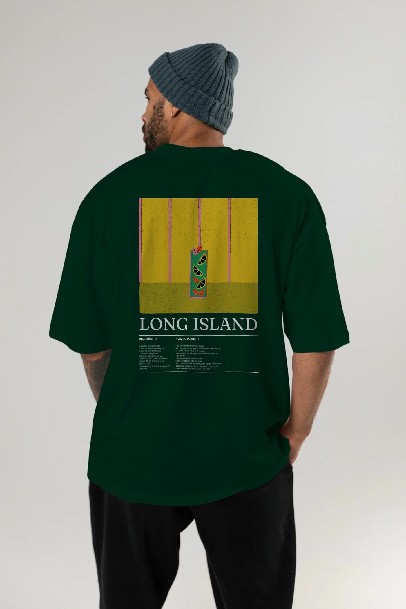 Long Island Kokteyl Serisi Arka Baskılı Oversize t-shirt Erkek Kadın %100 Pamuk Bisiklet Yaka tişort