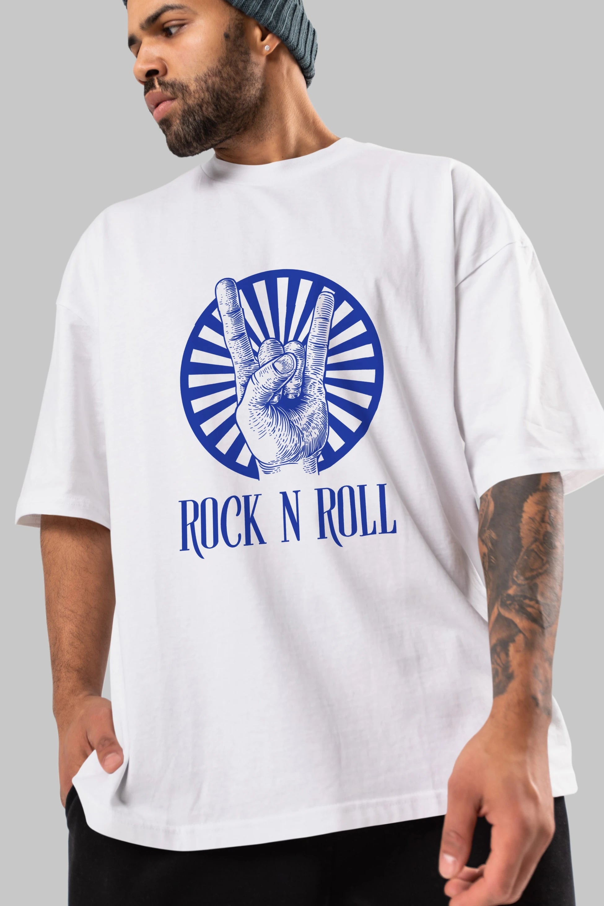 Rock N Roll Yazılı Ön Baskılı Oversize t-shirt Erkek Kadın Unisex