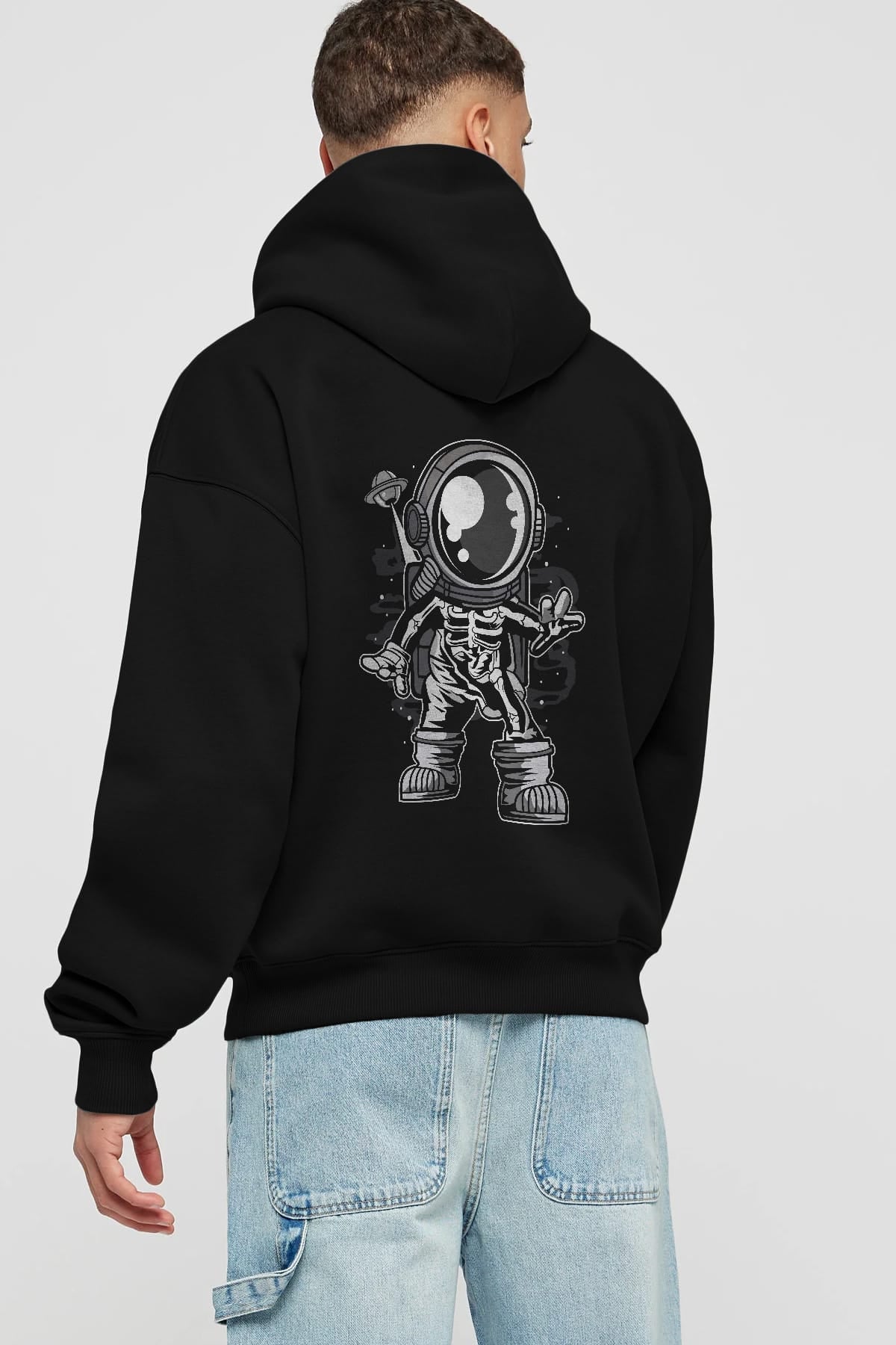 Space Skeleton Arka Baskılı Hoodie Oversize Kapüşonlu Sweatshirt Erkek Kadın Unisex