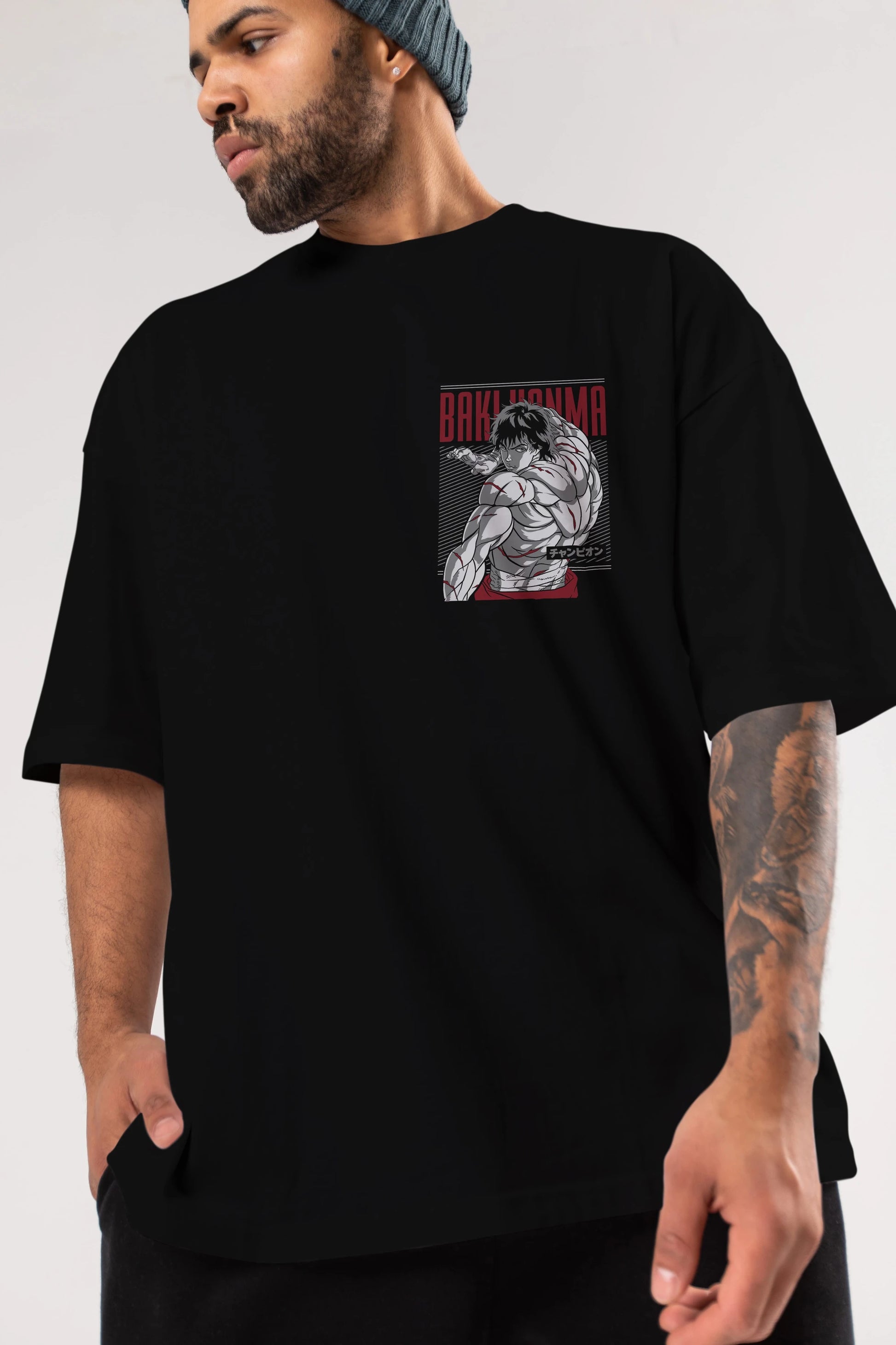 BAKI HANMA Ön Sol Baskılı Oversize t-shirt Erkek Kadın Unisex %100 Pamuk Bisiklet Yaka tişort
