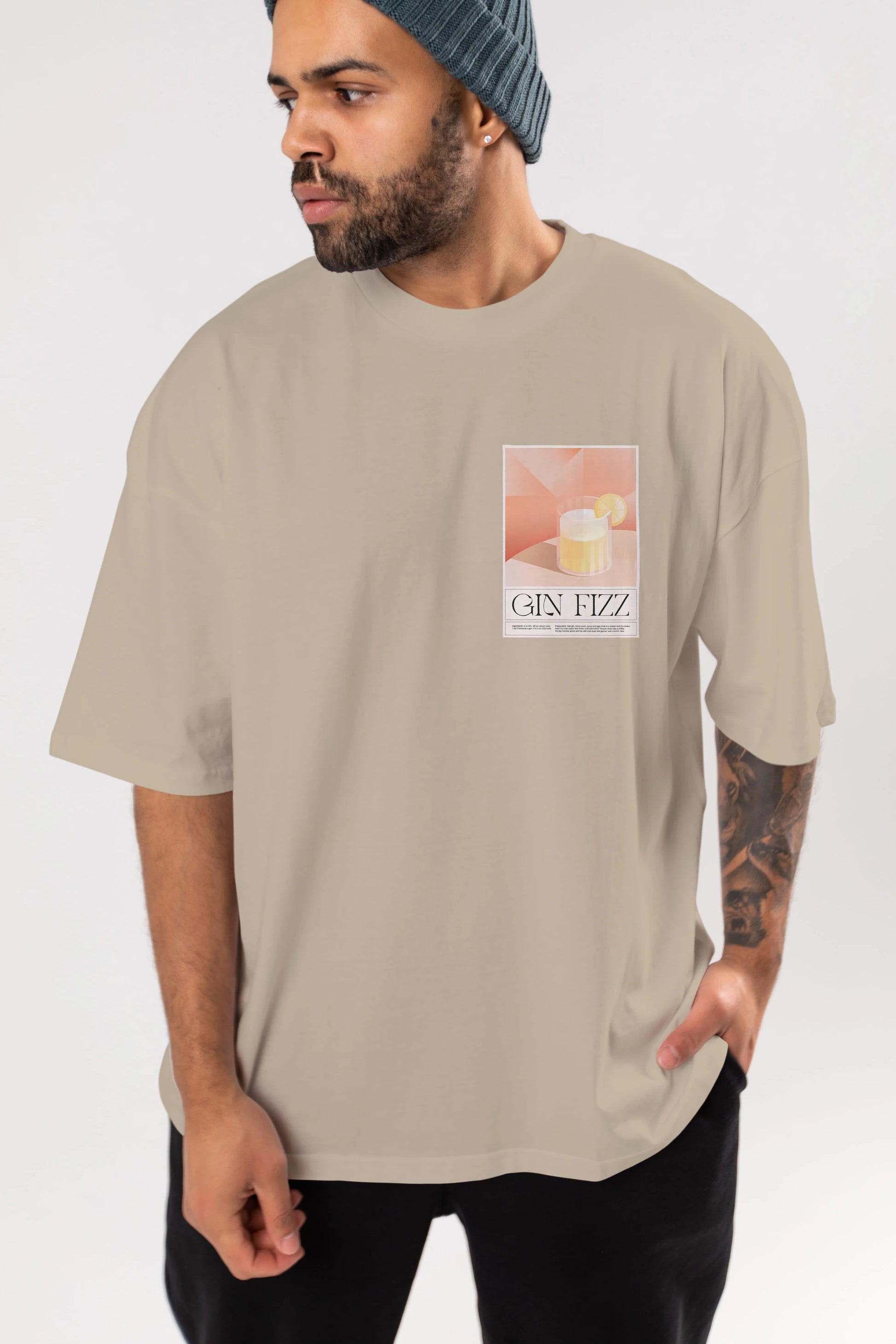 Gin Fizz Ön Sol Baskılı Oversize t-shirt Erkek Kadın Unisex %100 Pamuk Bisiklet Yaka tişort