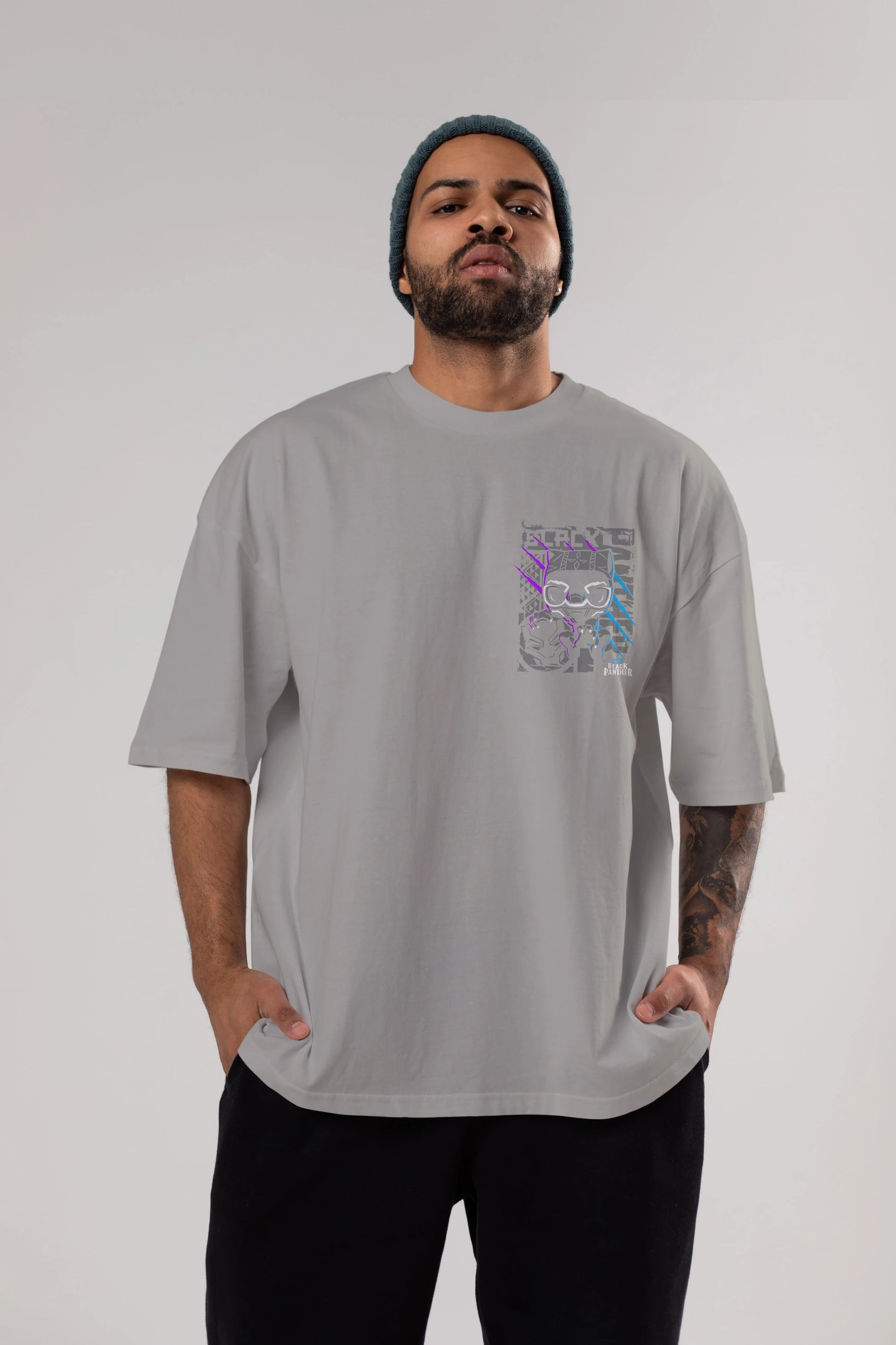Black Panther Ön Sol Baskılı Oversize t-shirt Erkek Kadın Unisex %100 Pamuk Bisiklet Yaka tişort