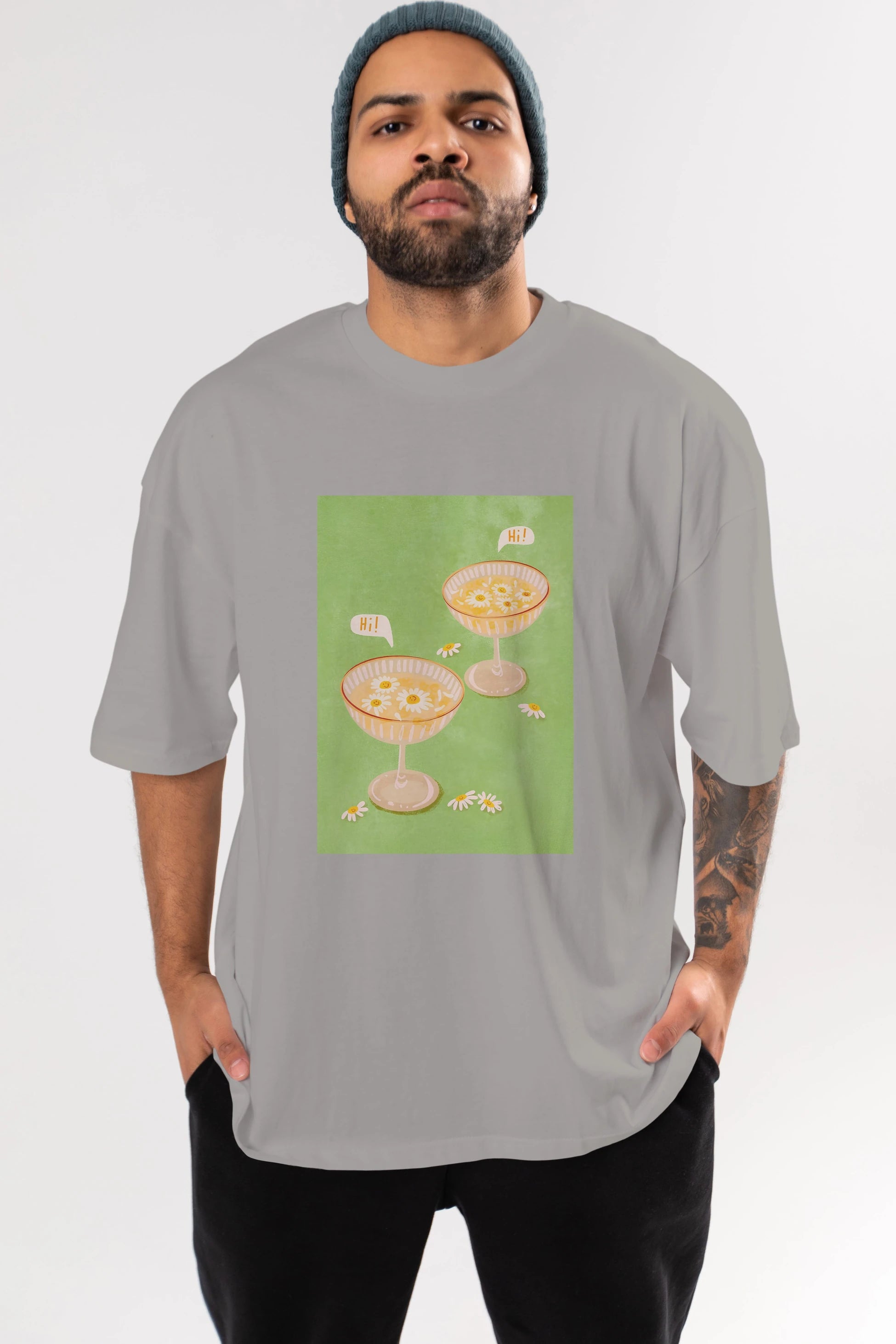 Hi Cheers Ön Baskılı Oversize t-shirt Erkek Kadın Unisex %100 Pamuk Bisiklet Yaka tişort