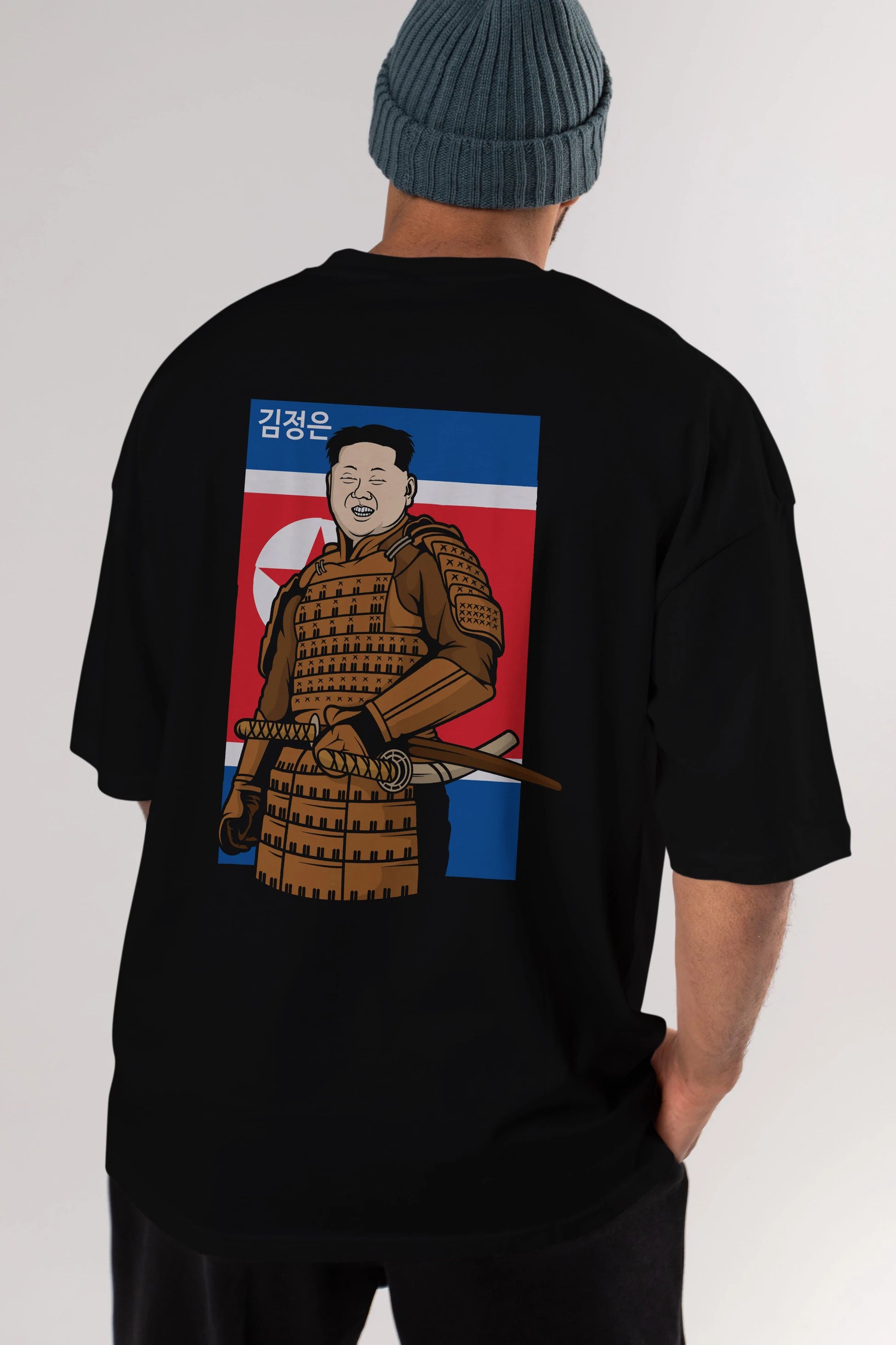 Samurai Jong Un Arka Baskılı Oversize t-shirt Erkek Kadın Unisex %100 Pamuk tişort