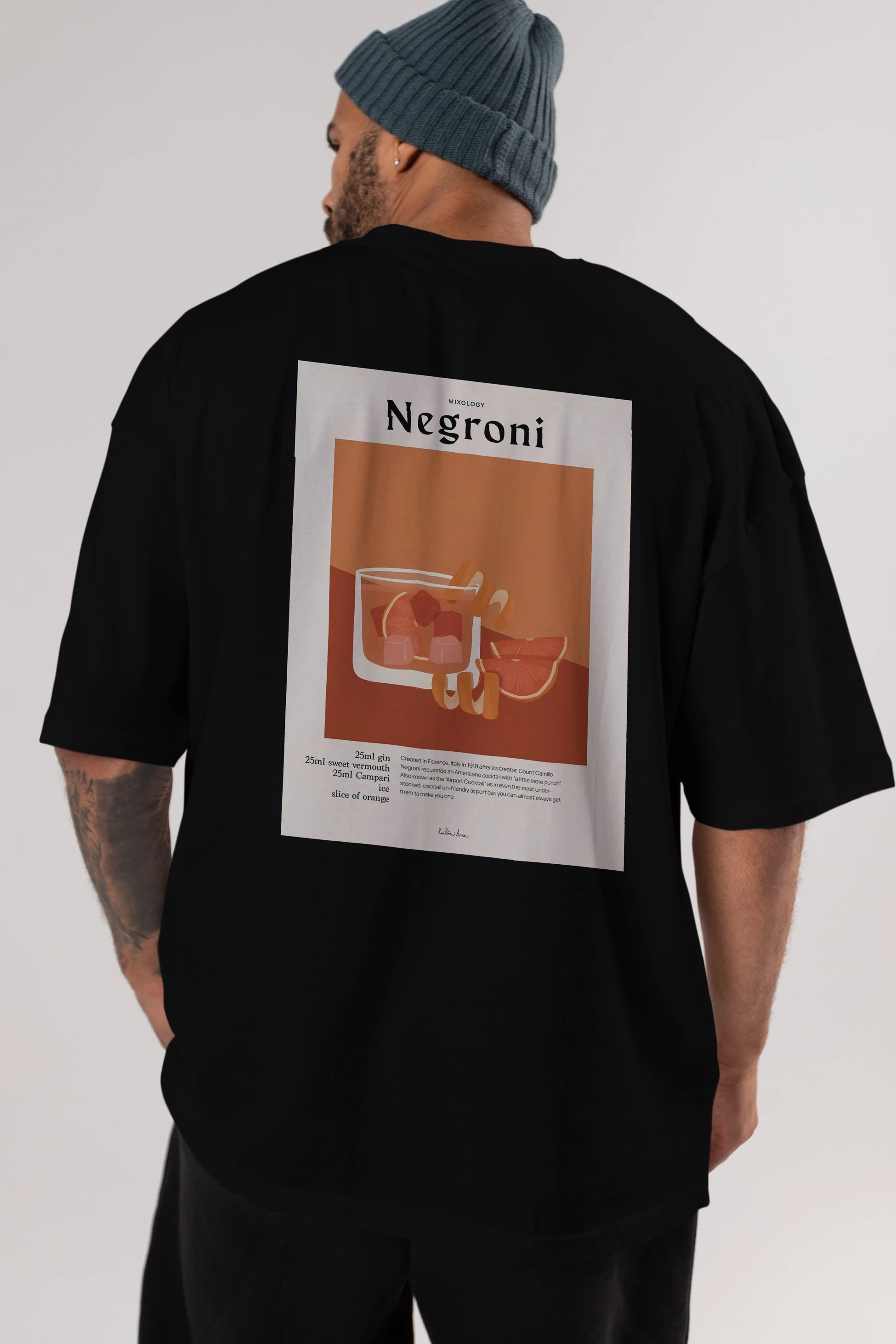 Mixology Negroni Arka Baskılı Oversize t-shirt Erkek Kadın Unisex %100 Pamuk Bisiklet Yaka tişort