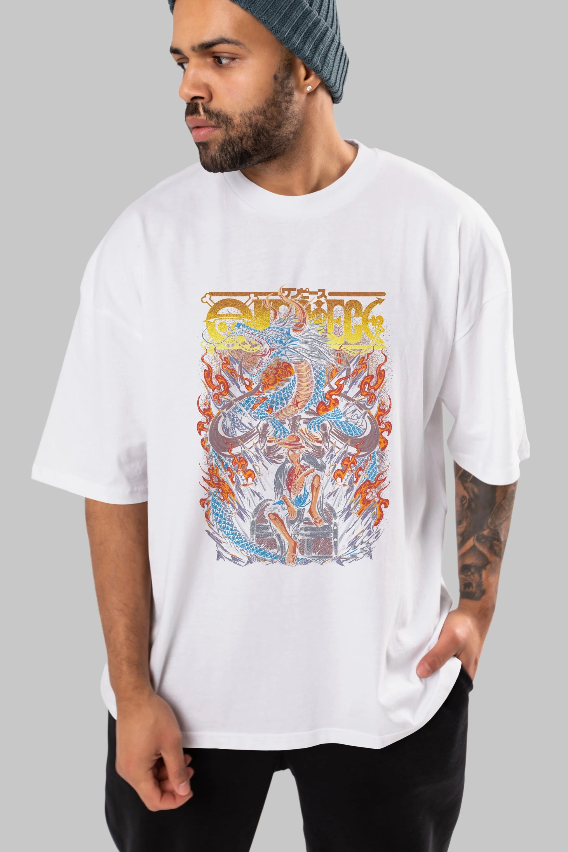 MONKEY D. LUFF-ONE PIECE Anime Ön Baskılı Oversize t-shirt %100 pamuk Erkek Kadın Unisex
