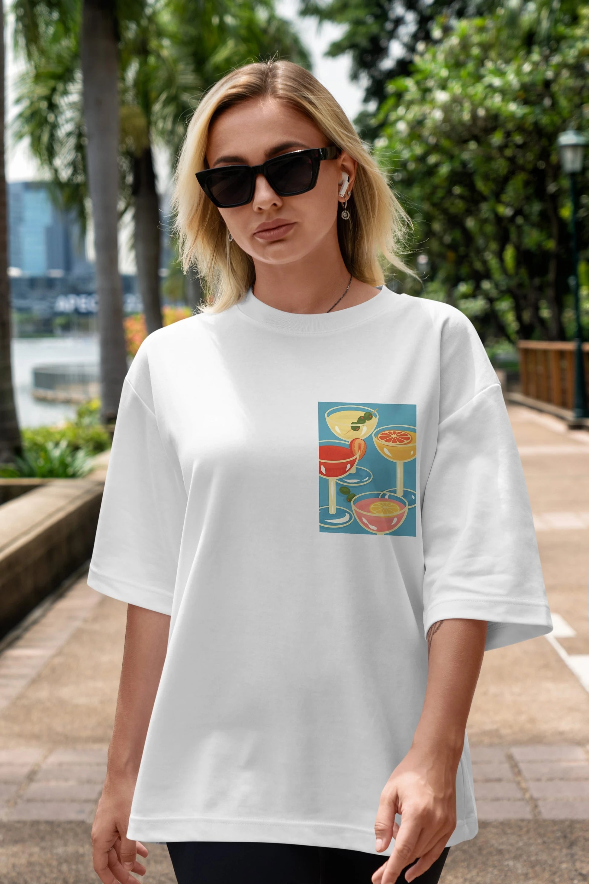 Cocktails Ön Sol Baskılı Oversize t-shirt Erkek Kadın Unisex %100 Pamuk Bisiklet Yaka tişort