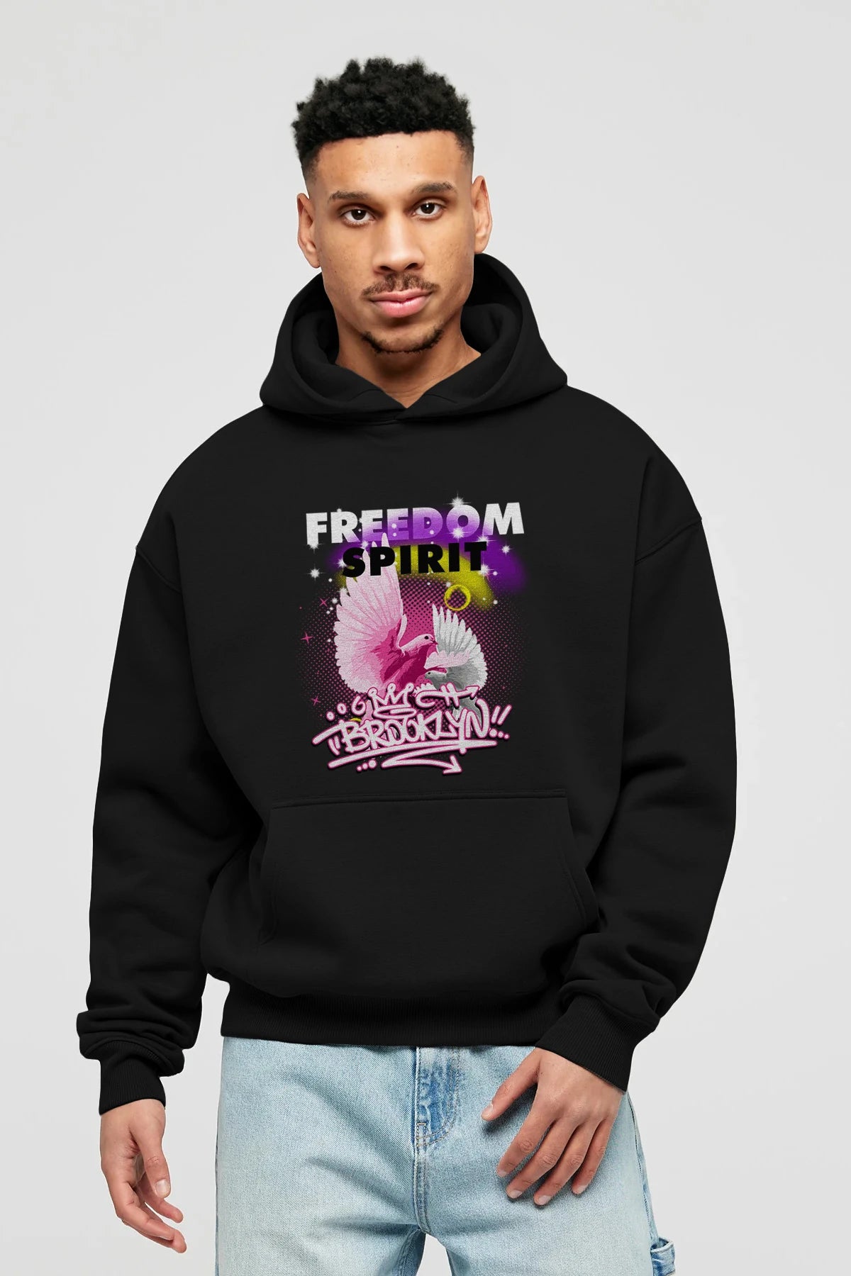 Freedom Spirit Brooklyn Ön Baskılı Hoodie Oversize Kapüşonlu Sweatshirt Erkek Kadın Unisex