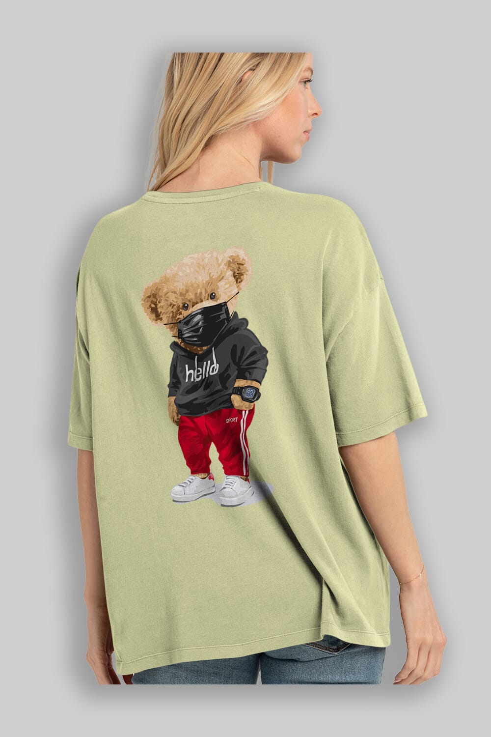 Teddy Bear Hello Sport Arka Baskılı Oversize t-shirt Erkek Kadın Unisex %100 Pamuk
