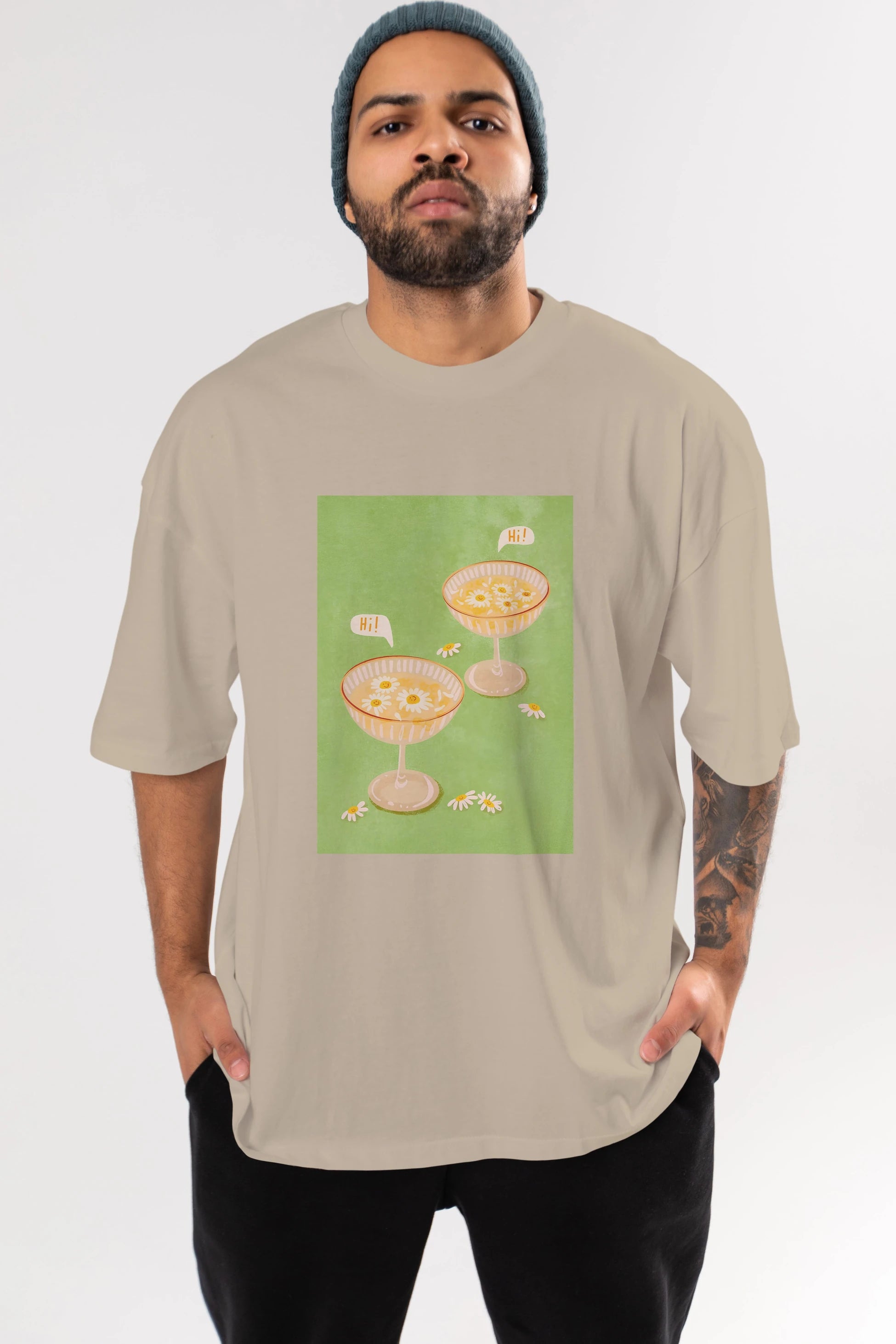 Hi Cheers Ön Baskılı Oversize t-shirt Erkek Kadın Unisex %100 Pamuk Bisiklet Yaka tişort