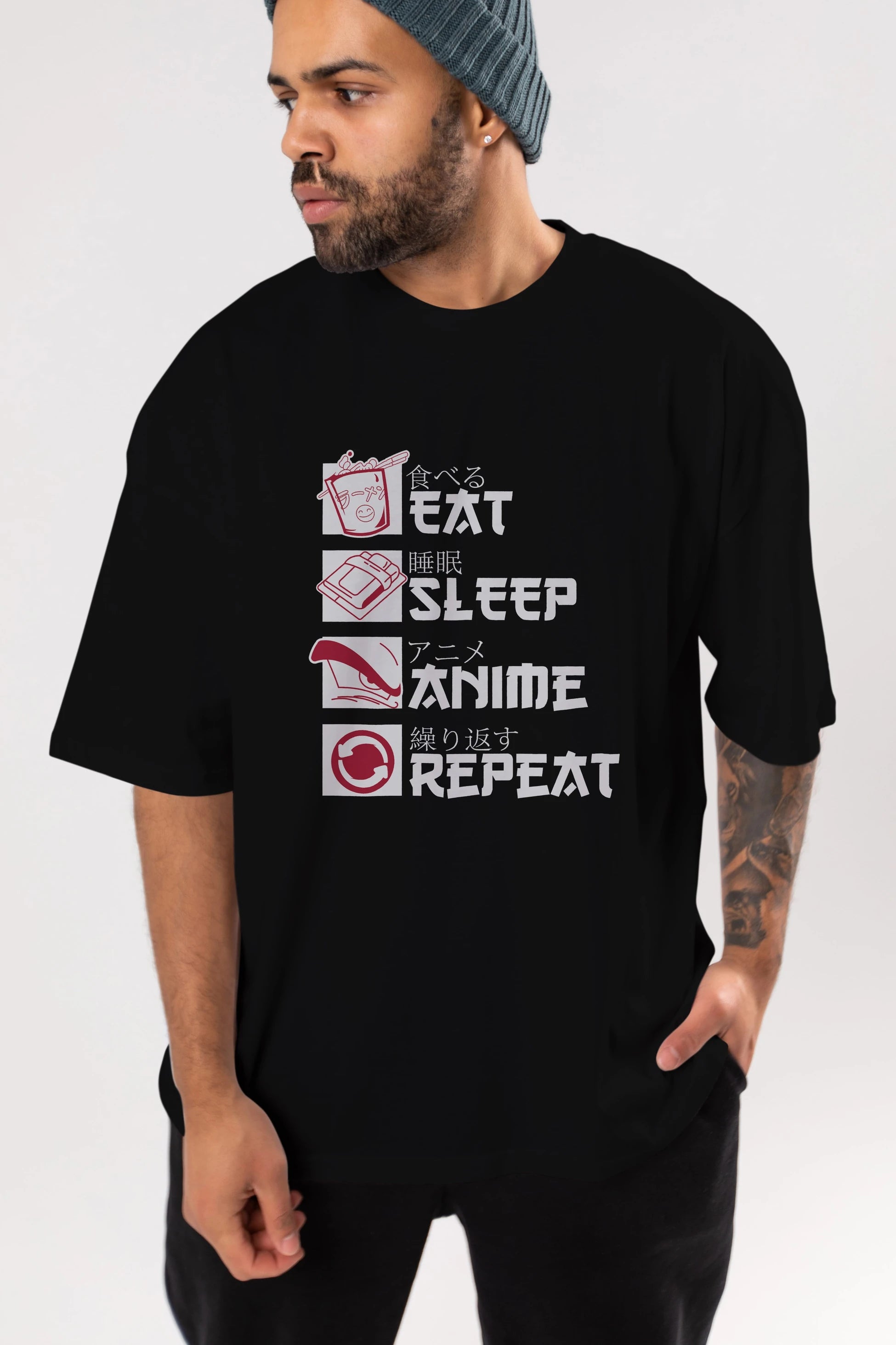 Eat, Sleep, Anime, Repeat Anime Ön Baskılı Oversize t-shirt %100 pamuk Erkek Kadın Unisex