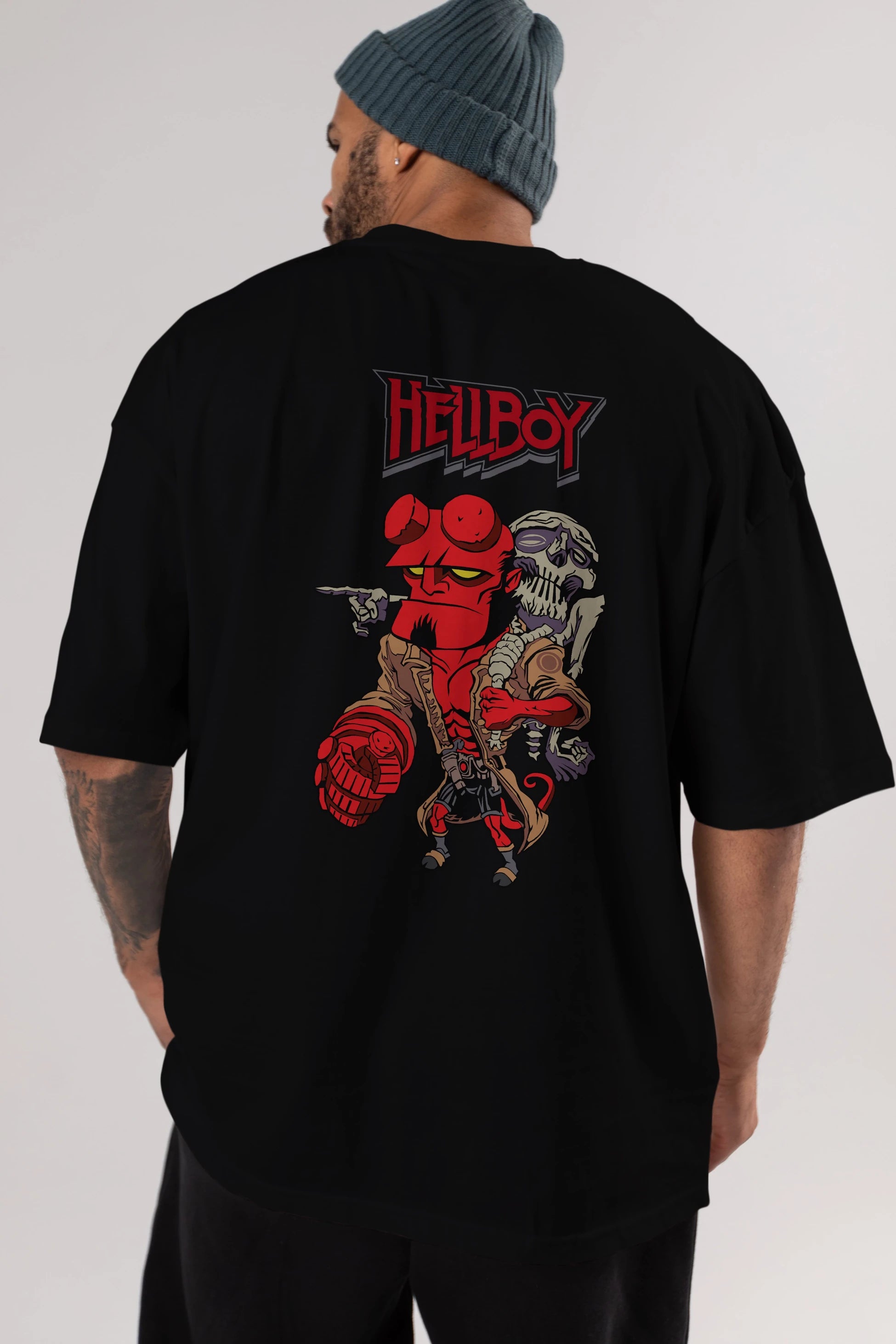 Hellboy (2) Arka Baskılı Oversize t-shirt Erkek Kadın Unisex %100 Pamuk Bisiklet Yaka tişort