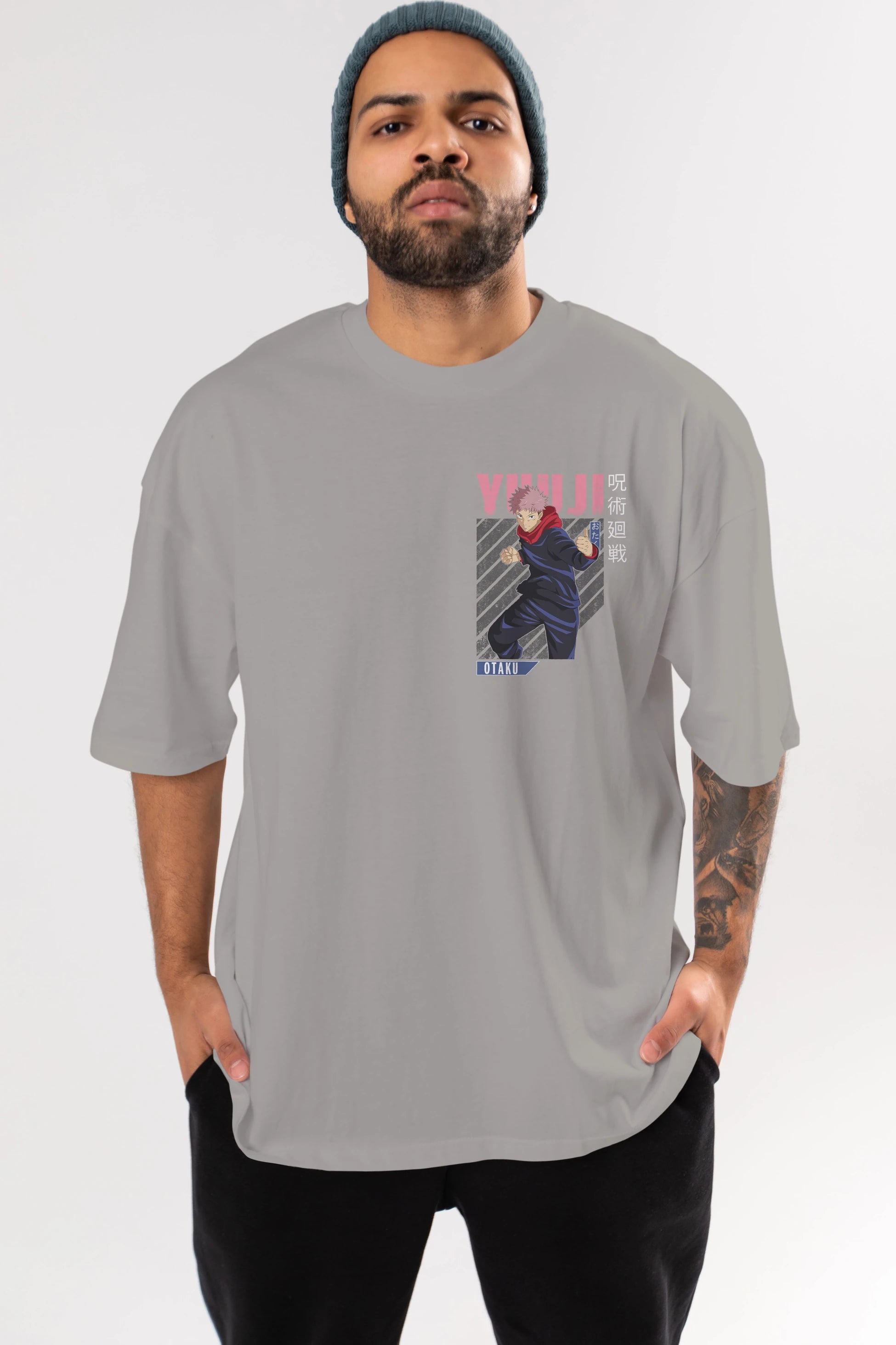 Yuuji Itadori Ön Sol Baskılı Oversize t-shirt Erkek Kadın Unisex %100 Pamuk Bisiklet Yaka tişort