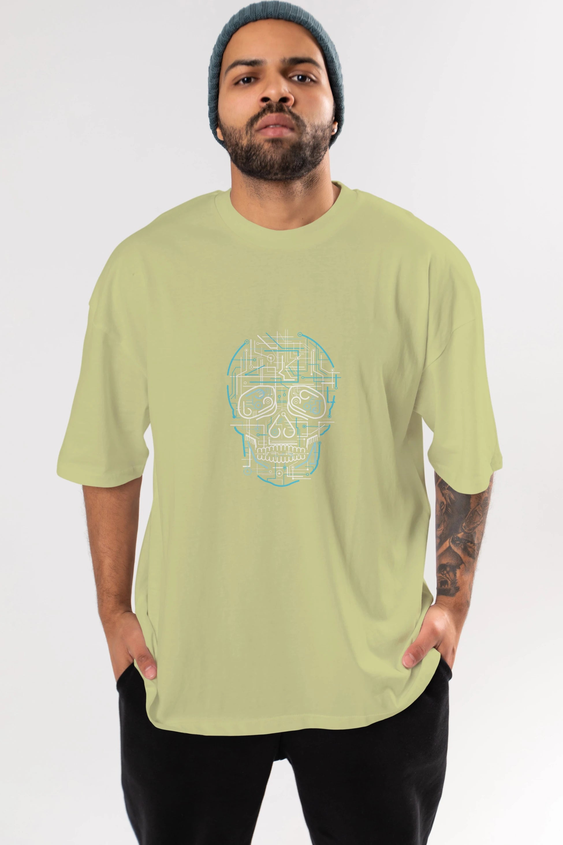 Electric Skull Ön Baskılı Oversize t-shirt %100 pamuk Erkek Kadın Unisex