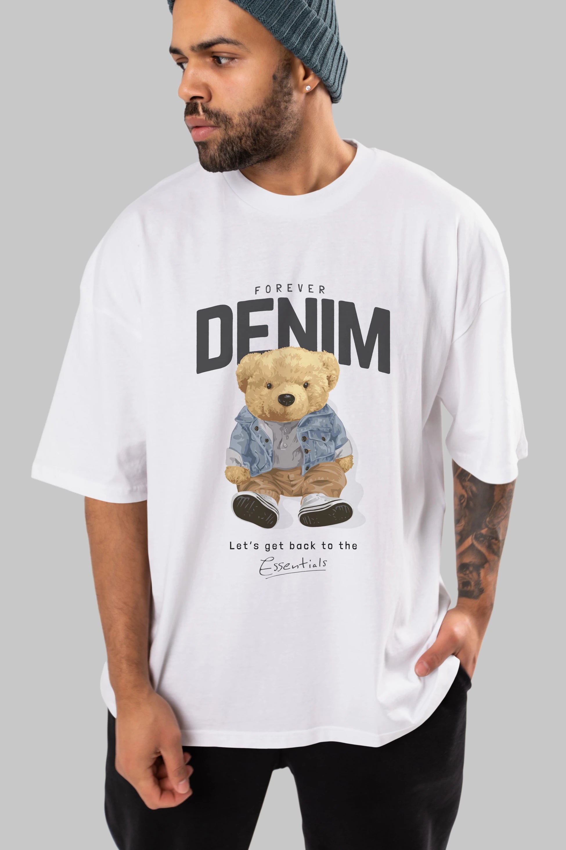 Teddy Bear Forever Denim Ön Baskılı Oversize t-shirt Erkek Kadın Unisex %100 Pamuk