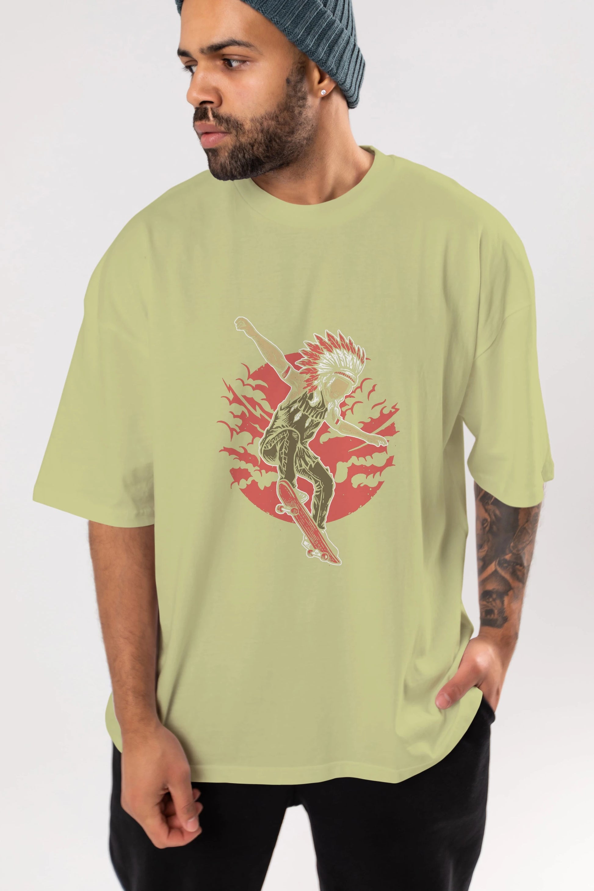 Indian Chief Skateboard Ön Baskılı Oversize t-shirt Erkek Kadın Unisex %100 Pamuk tişort
