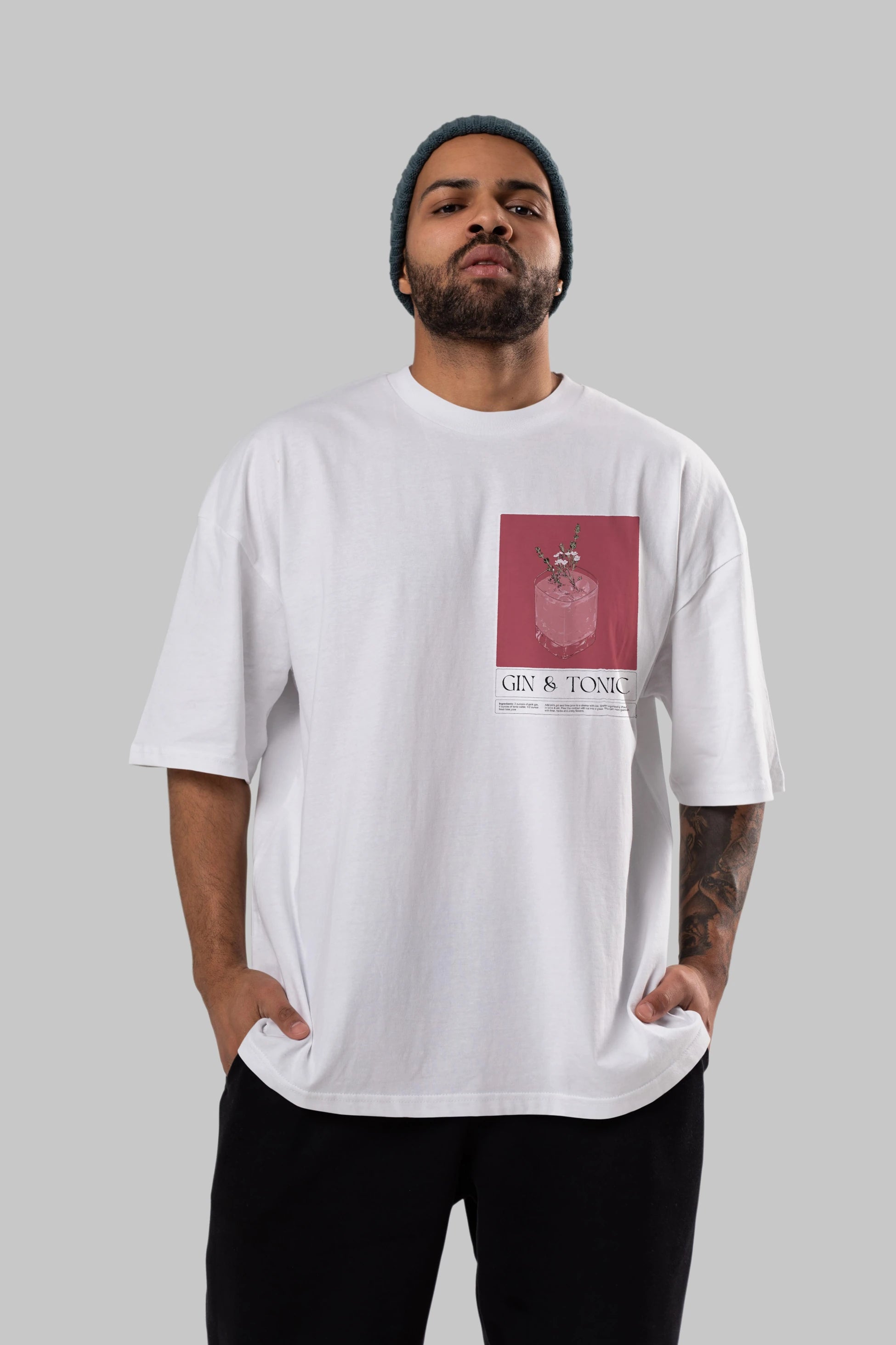 Gin Tonic 4 Ön Sol Baskılı Oversize t-shirt Erkek Kadın Unisex %100 Pamuk Bisiklet Yaka tişort