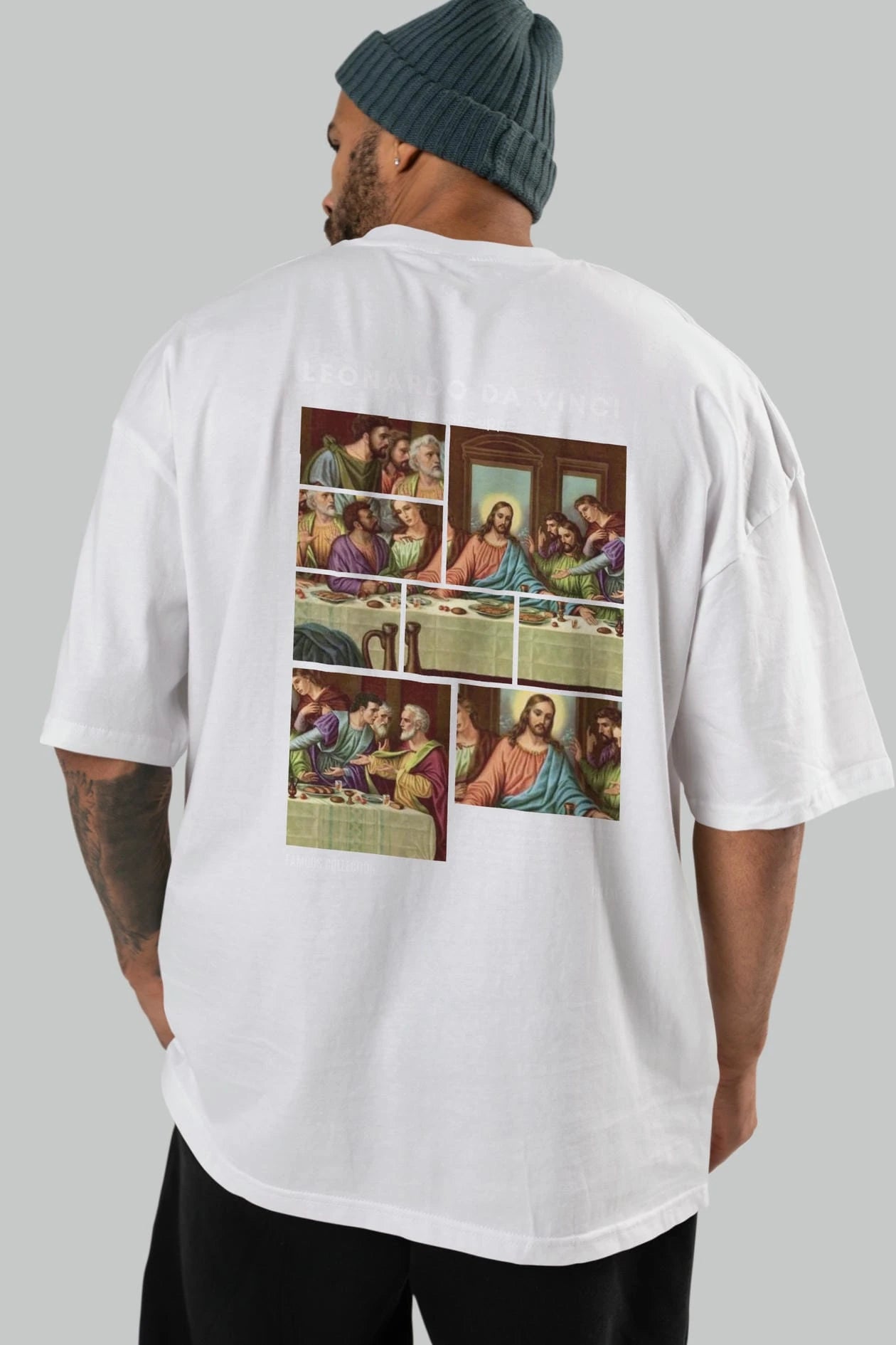 Leonardo Da Vinci Arka Baskılı Oversize t-shirt Erkek Kadın Bisiklet Yaka Pamuk tişort