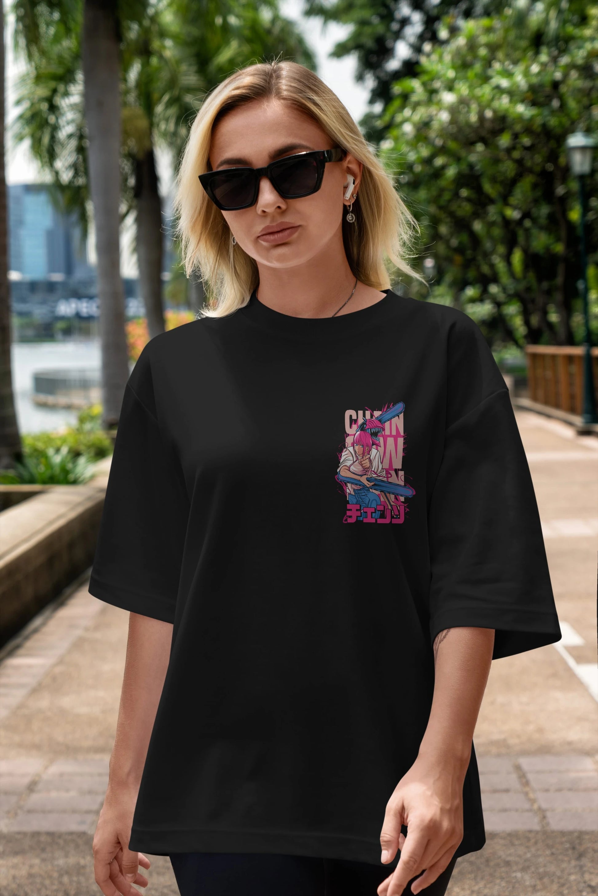 DENJI and MAKIMA Ön Sol Baskılı Oversize t-shirt Erkek Kadın Unisex %100 Pamuk Bisiklet Yaka tişort
