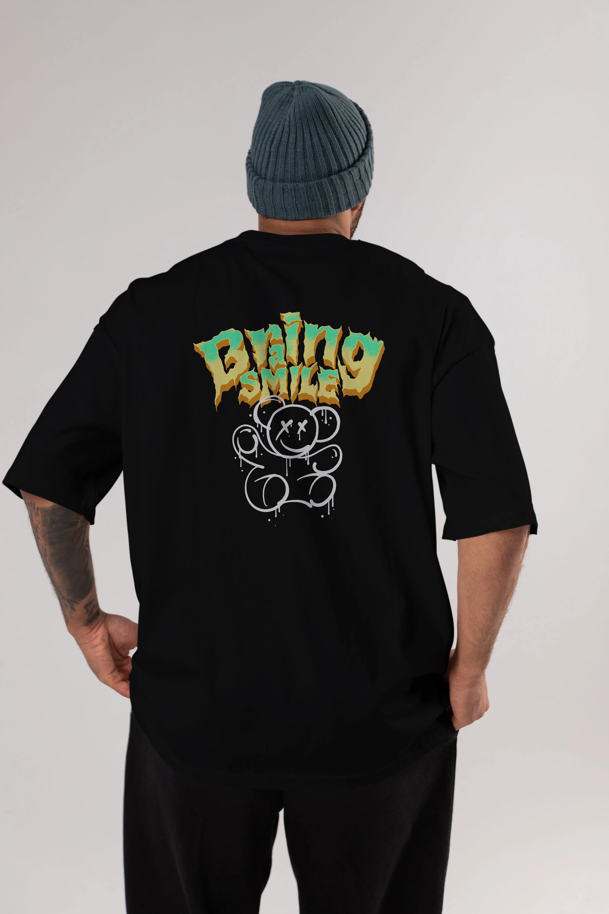 Teddy Bear Braing Smile Arka Baskılı Oversize t-shirt Erkek Kadın Unisex