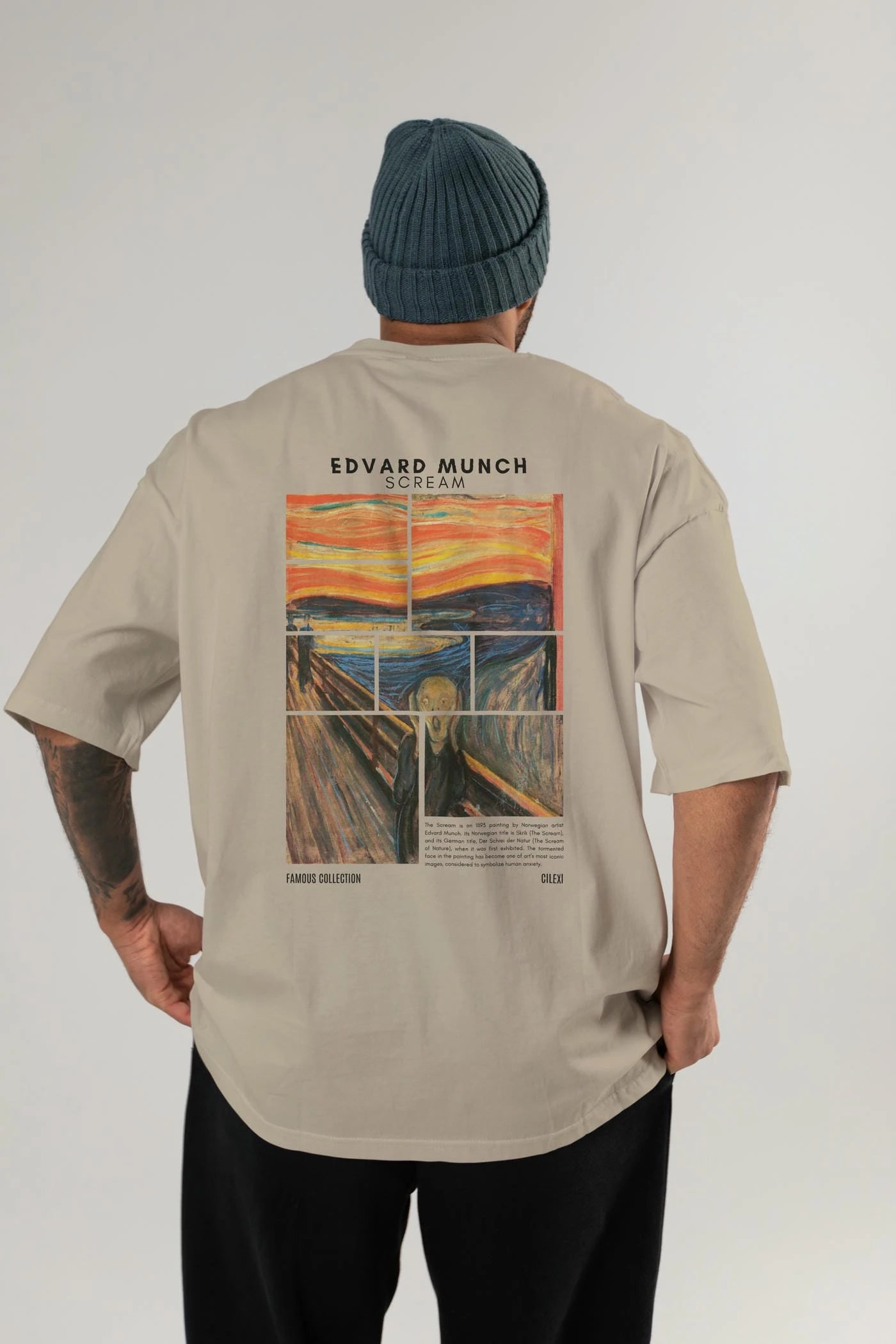Edvard Munch Scream Arka Baskılı Oversize t-shirt Erkek Kadın Bisiklet Yaka Pamuk tişort