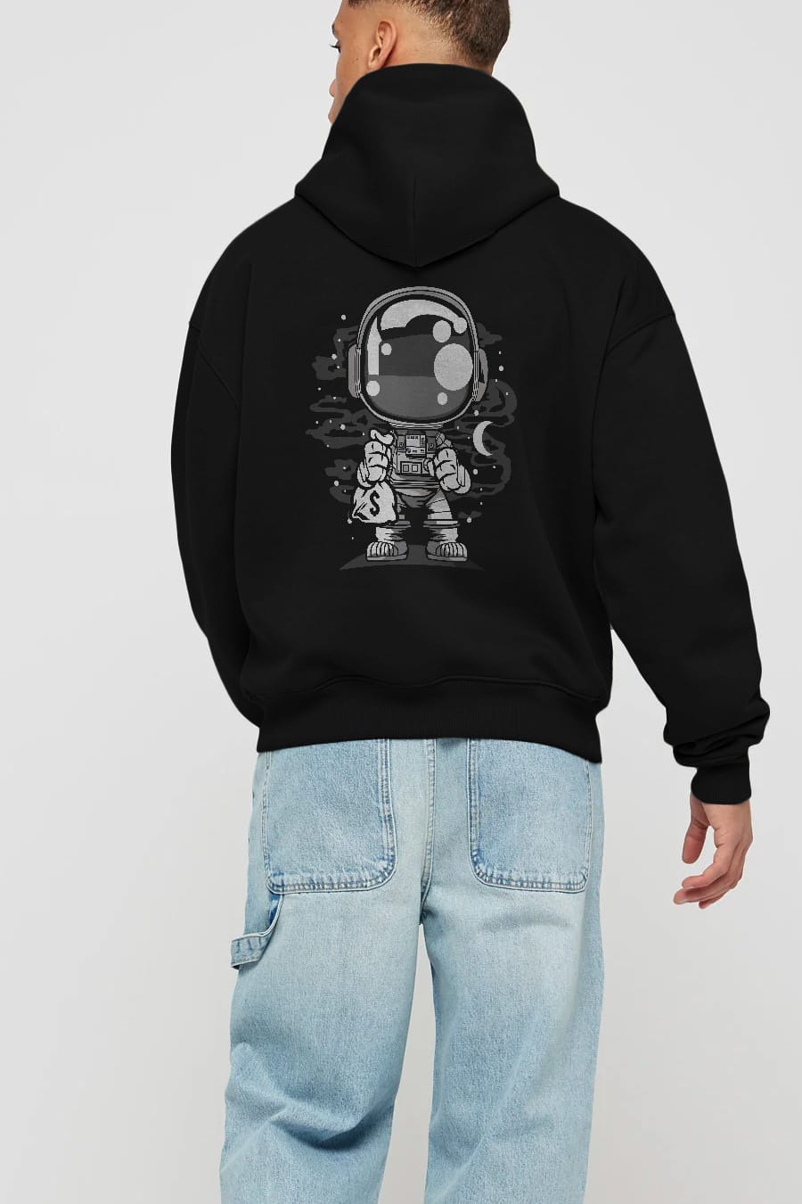 Astronaut Chibi Arka Baskılı Hoodie Oversize Kapüşonlu Sweatshirt Erkek Kadın Unisex