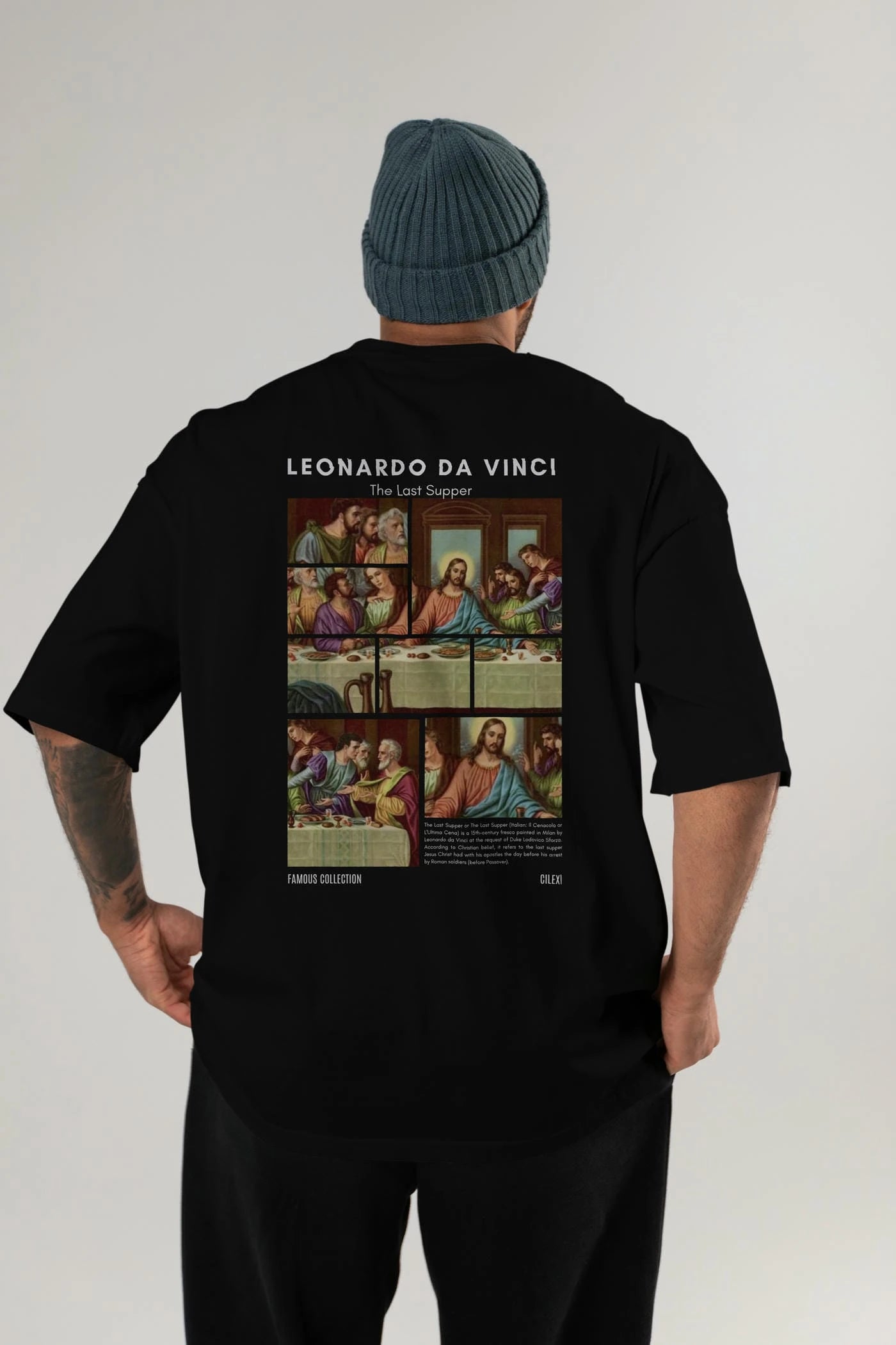 Leonardo Da Vinci Arka Baskılı Oversize t-shirt Erkek Kadın Bisiklet Yaka Pamuk tişort