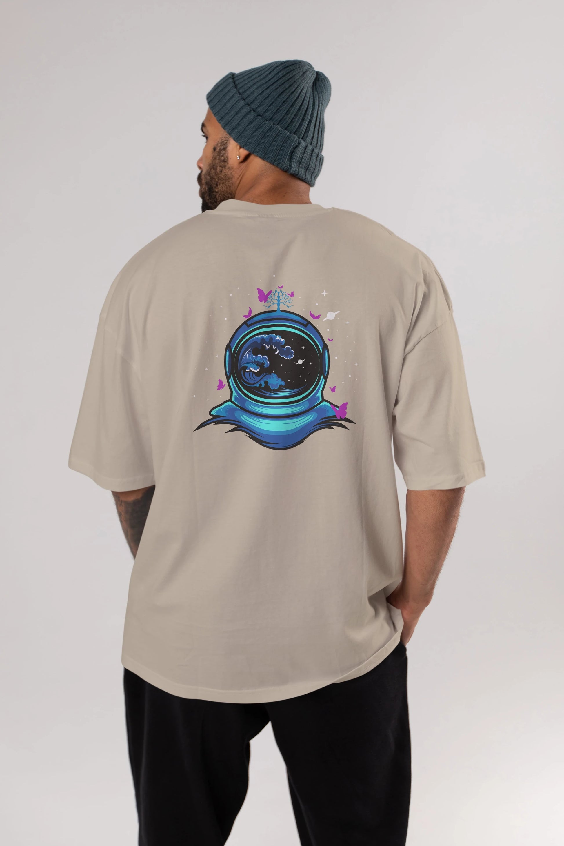 Astronaut and Butterfly Arka Baskılı Oversize t-shirt Erkek Kadın Unisex