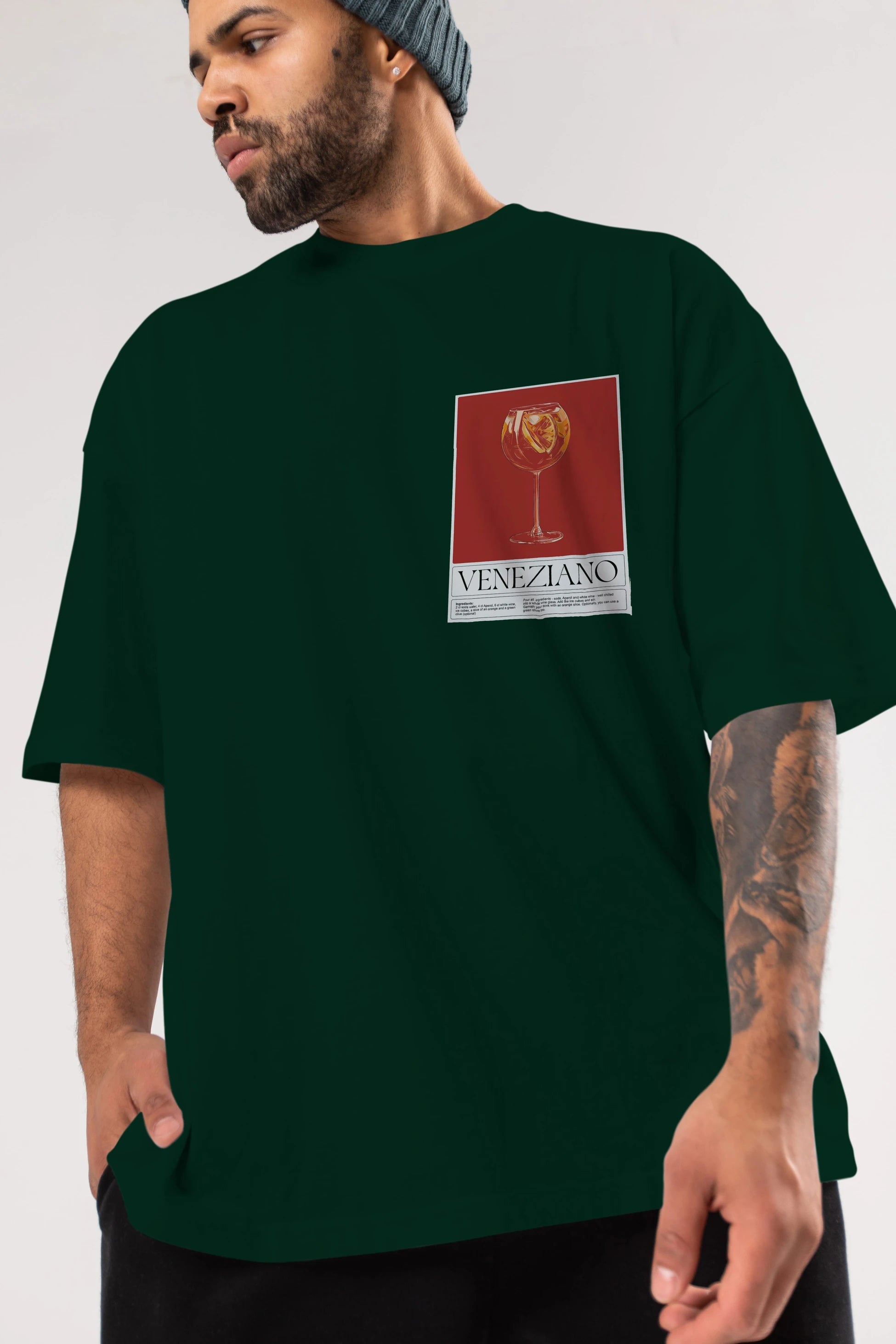 Veneziano Ön Sol Baskılı Oversize t-shirt Erkek Kadın Unisex %100 Pamuk Bisiklet Yaka tişort