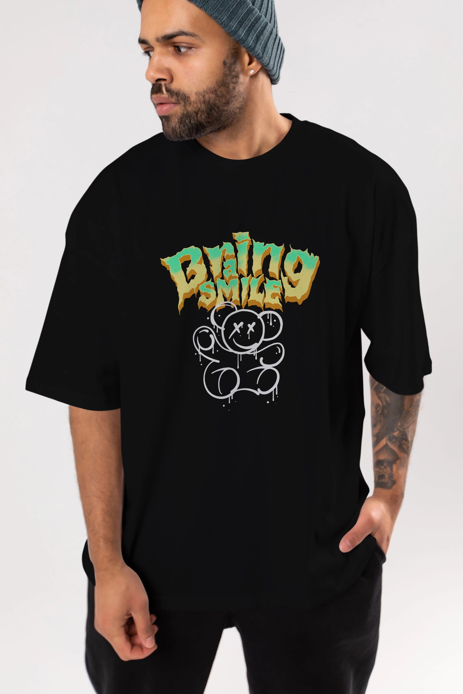 Teddy Bear Braing Smile Ön Baskılı Oversize t-shirt Erkek Kadın Unisex