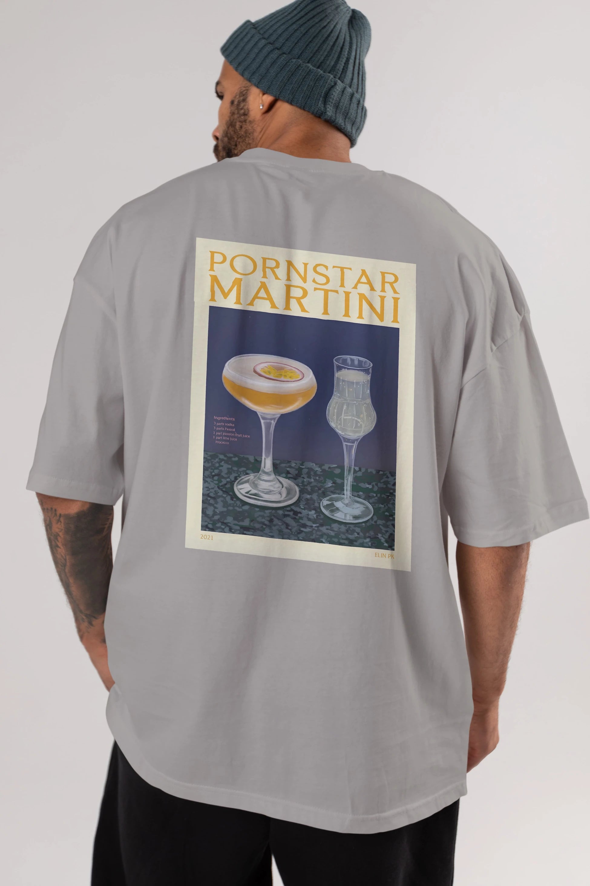 P.rnstar Martini Arka Baskılı Oversize t-shirt Erkek Kadın Unisex %100 Pamuk Bisiklet Yaka tişort