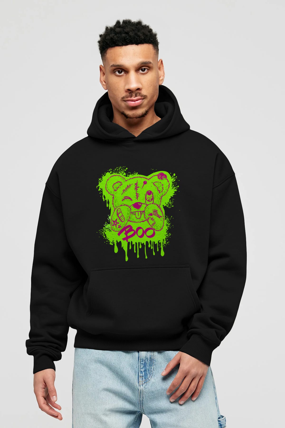 Boo  Bear Ön Baskılı Hoodie Oversize Kapüşonlu Sweatshirt Erkek Kadın Unisex