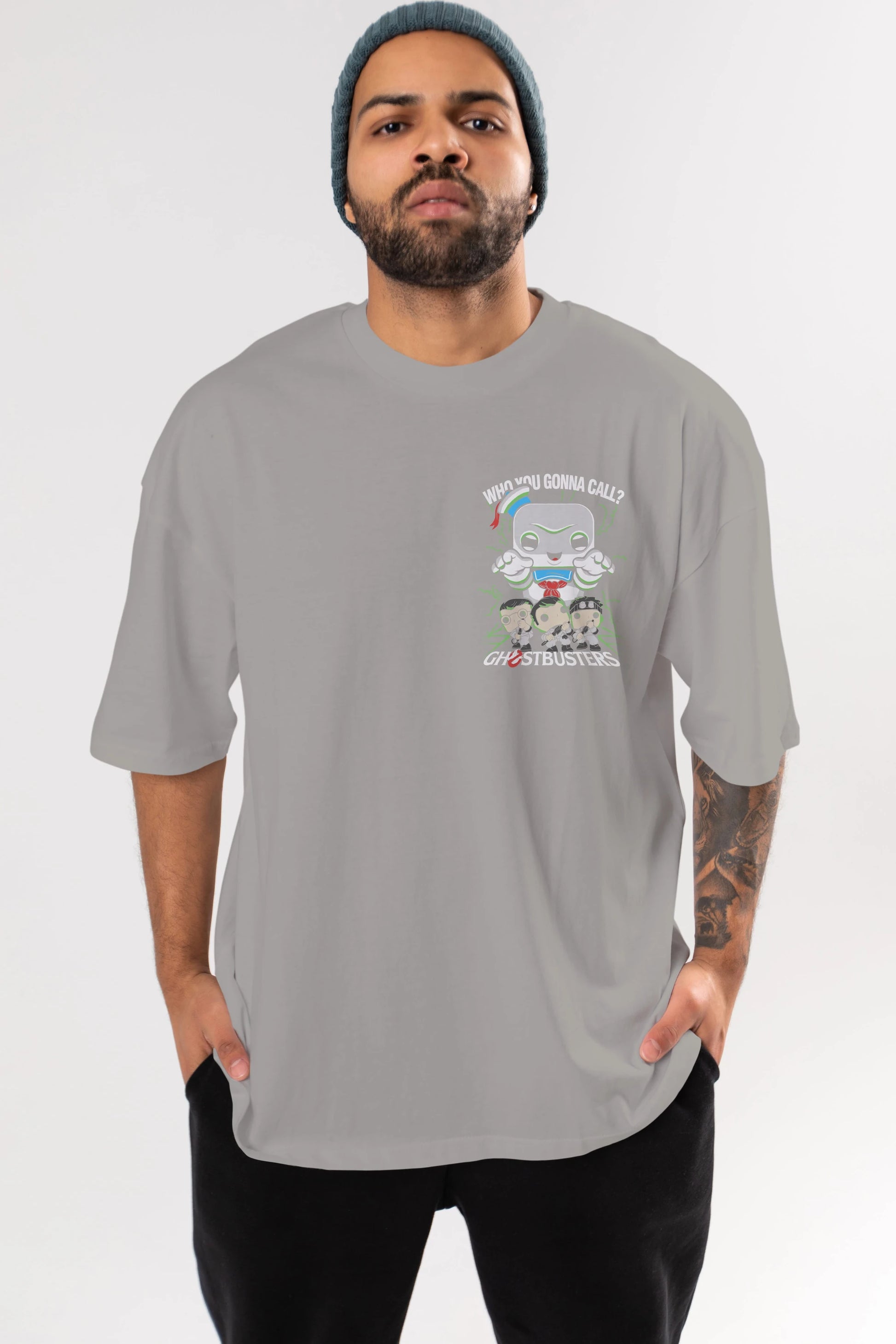 Ghostbusters Ön Sol Baskılı Oversize t-shirt Erkek Kadın Unisex %100 Pamuk Bisiklet Yaka tişort