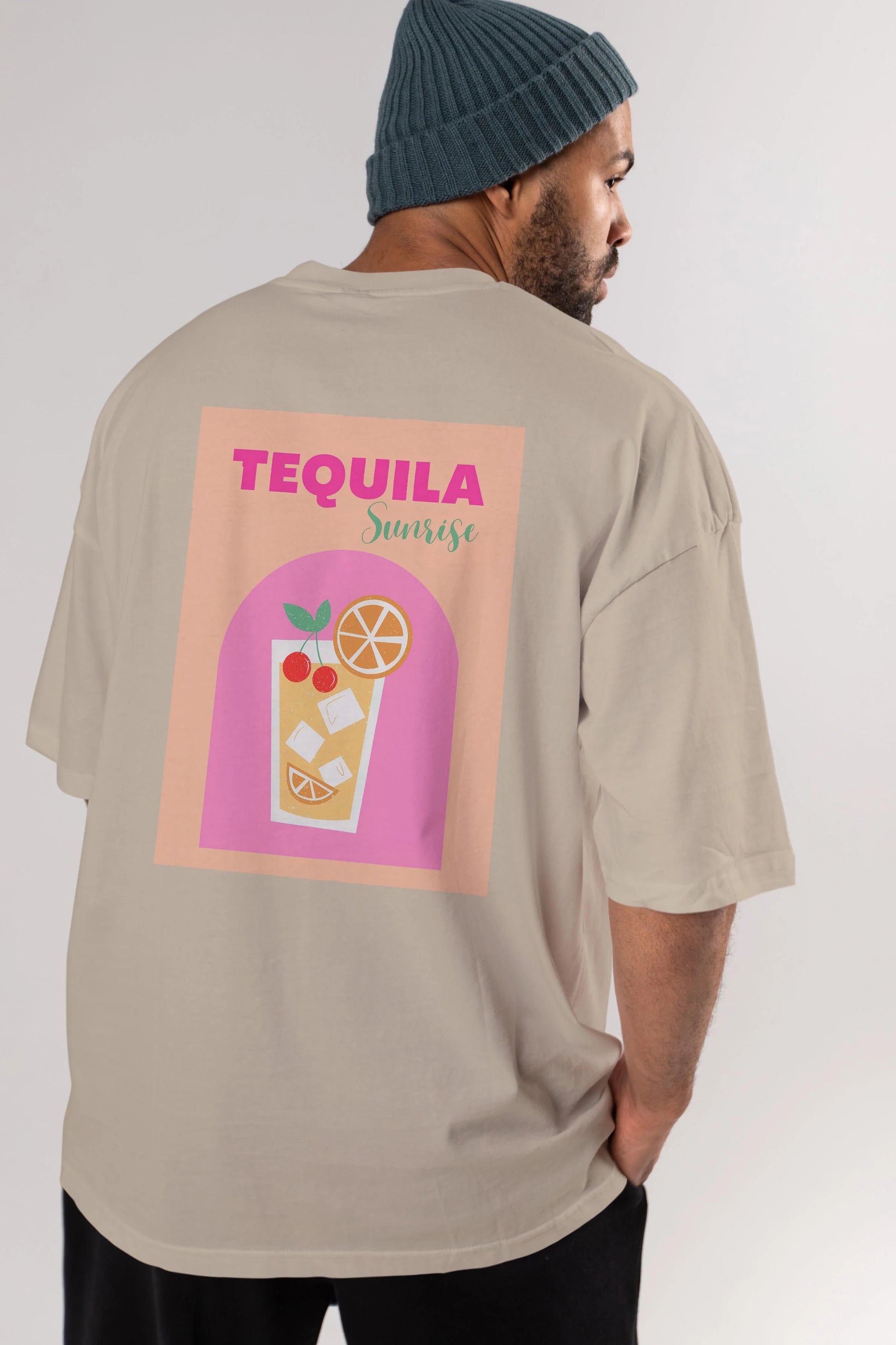 Tequila Sunrise 2 Arka Baskılı Oversize t-shirt Erkek Kadın Unisex %100 Pamuk Bisiklet Yaka tişort