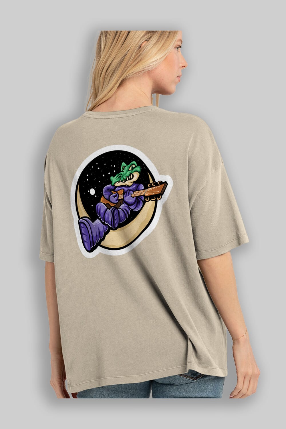 Space Crocodile Sticker Arka Baskılı Oversize t-shirt Erkek Kadın Unisex