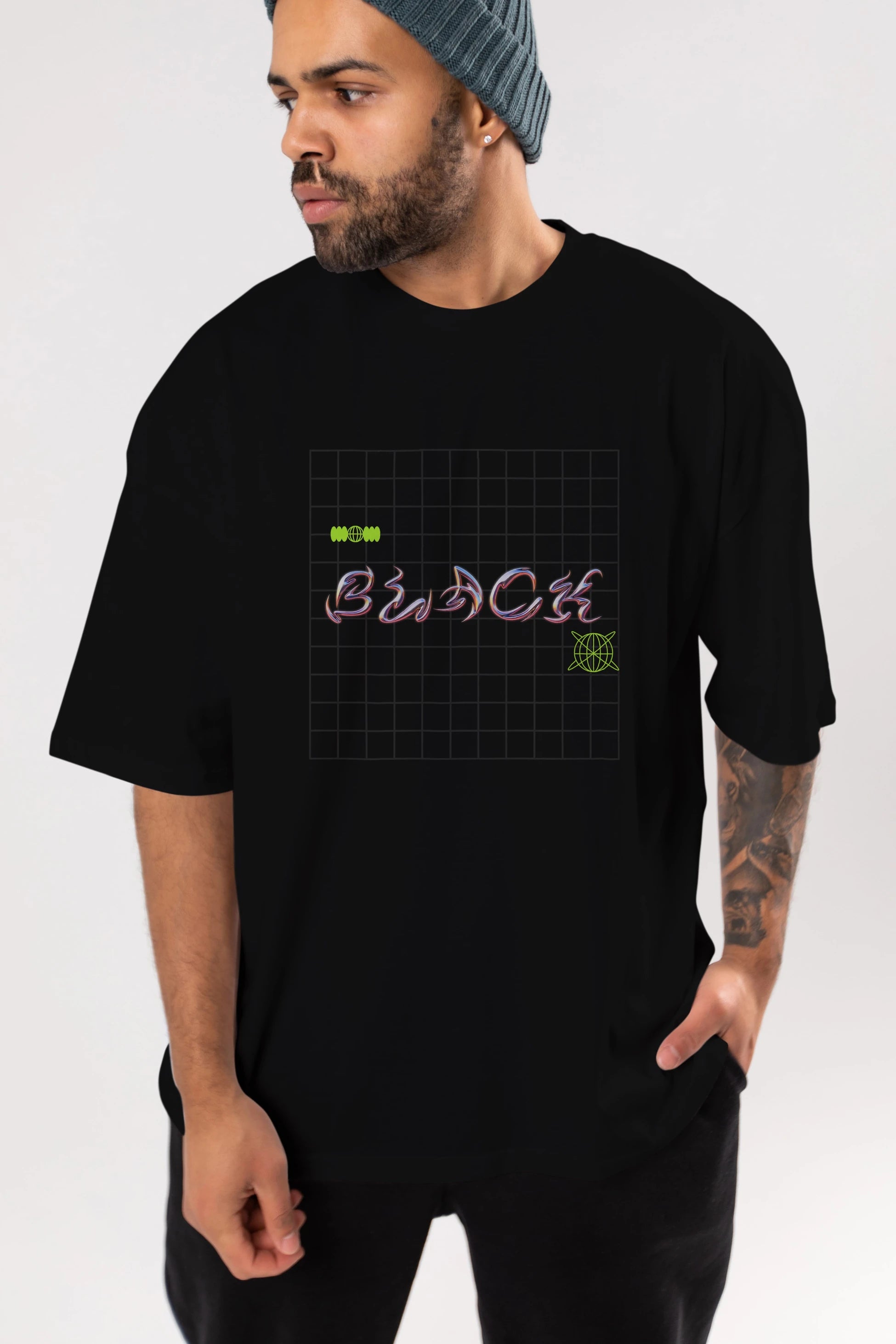 Black Yazılı Ön Baskılı Oversize t-shirt Erkek Kadın Unisex